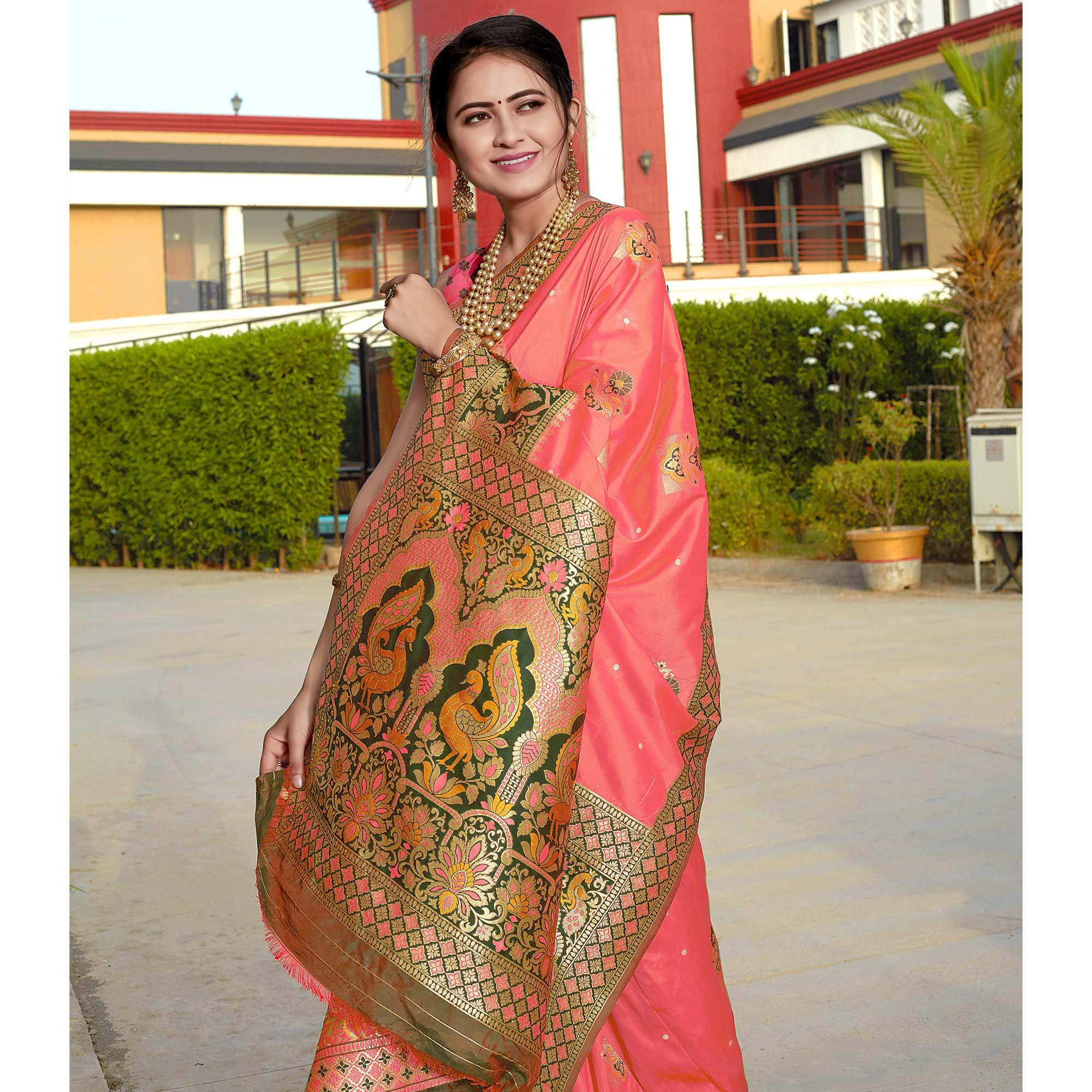 Gajri Pink Woven Banarasi Silk Saree - Peachmode