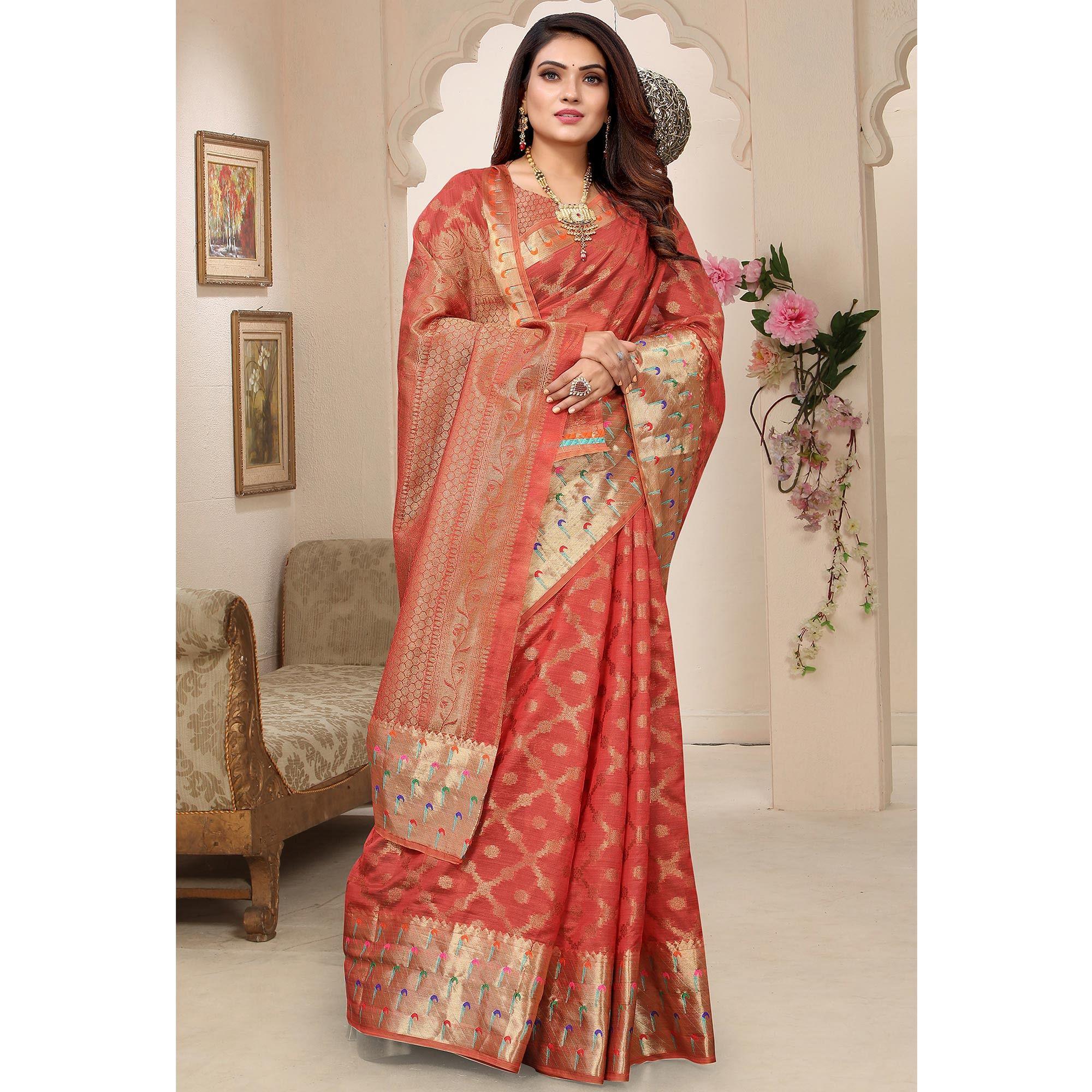 Gajri Woven Organza Saree - Peachmode