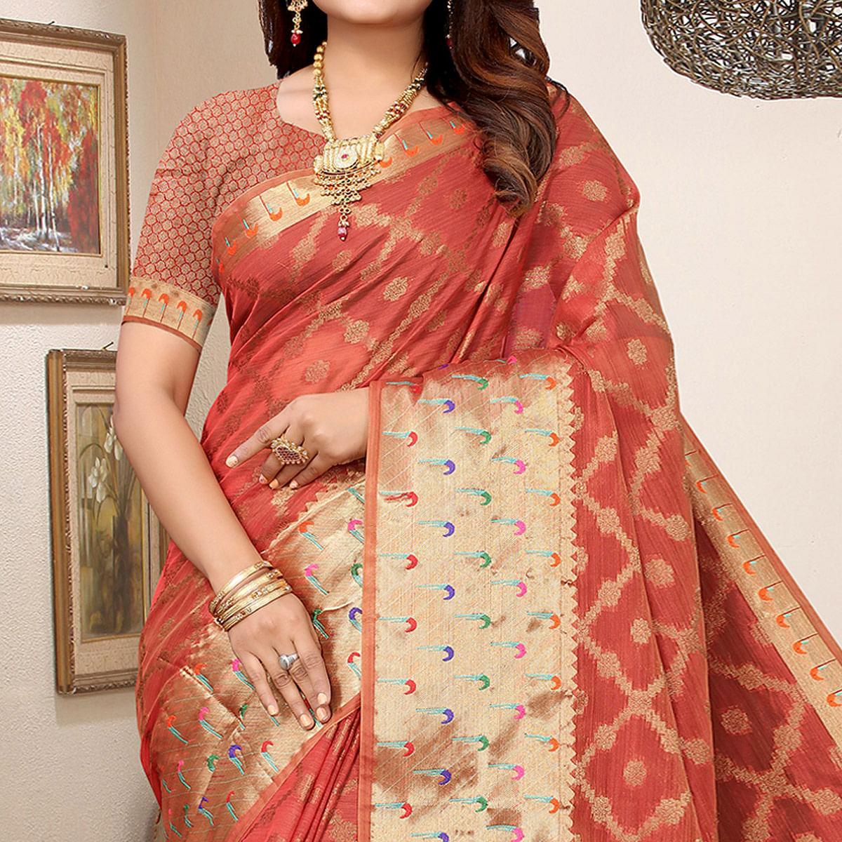 Gajri Woven Organza Saree - Peachmode