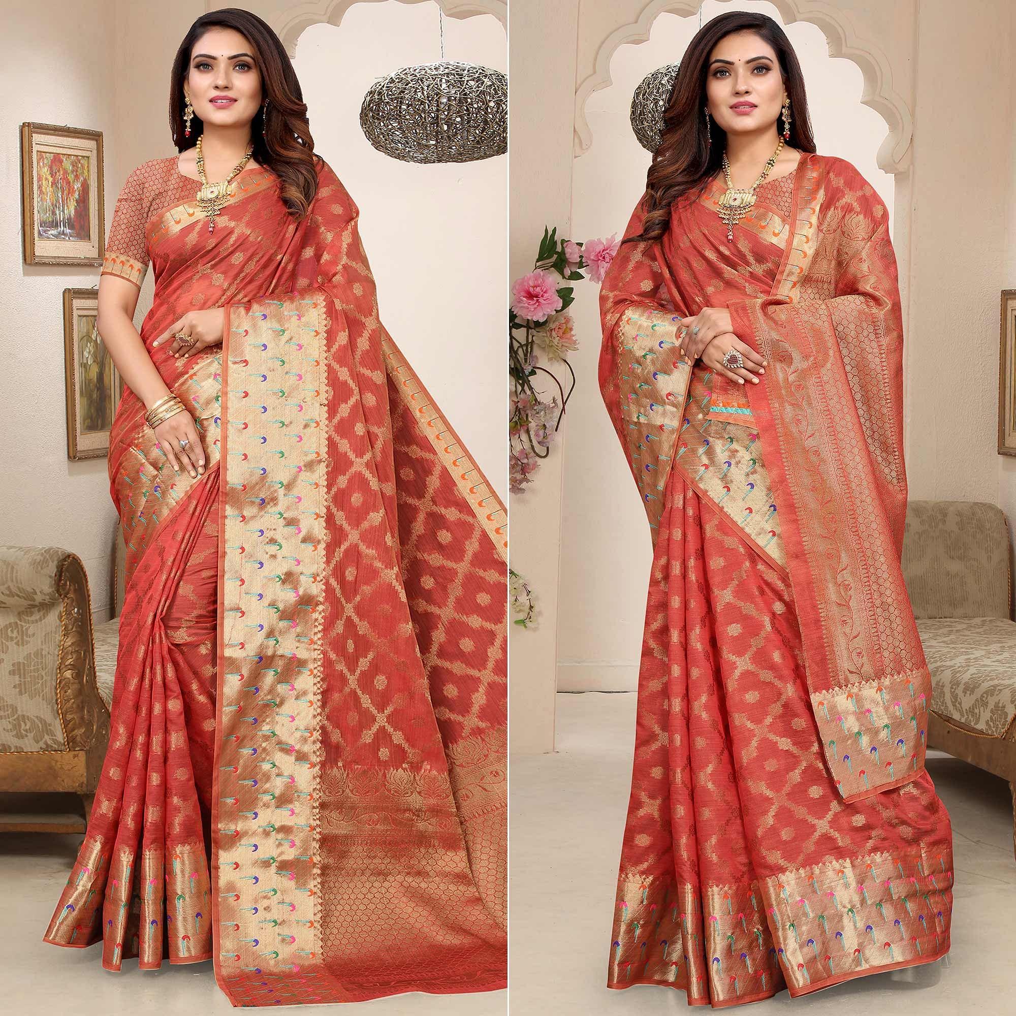 Gajri Woven Organza Saree - Peachmode