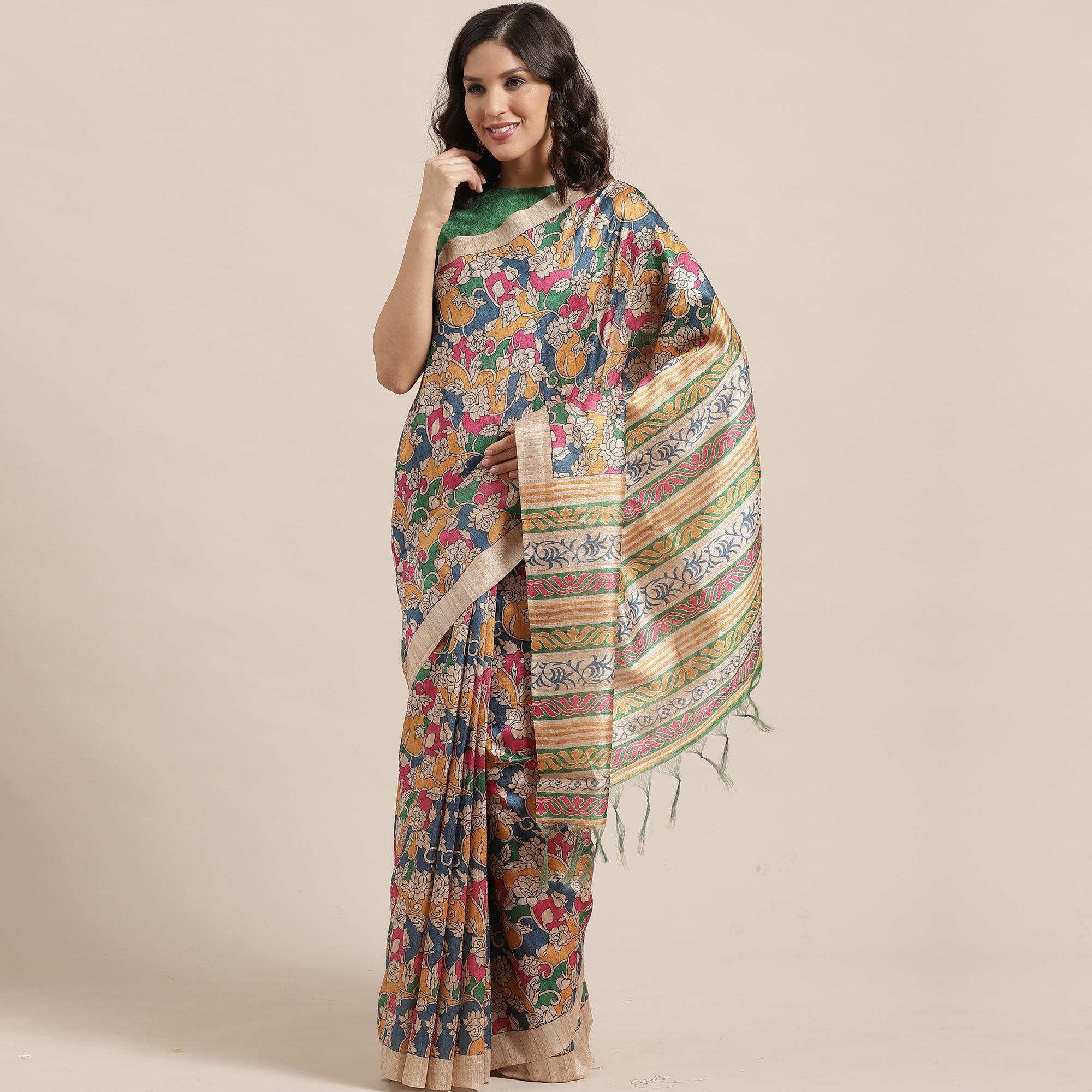 Gleaming Beige-Multi Colored Casual Wear Floral Printed Silk Blend Saree With Tassels - Peachmode