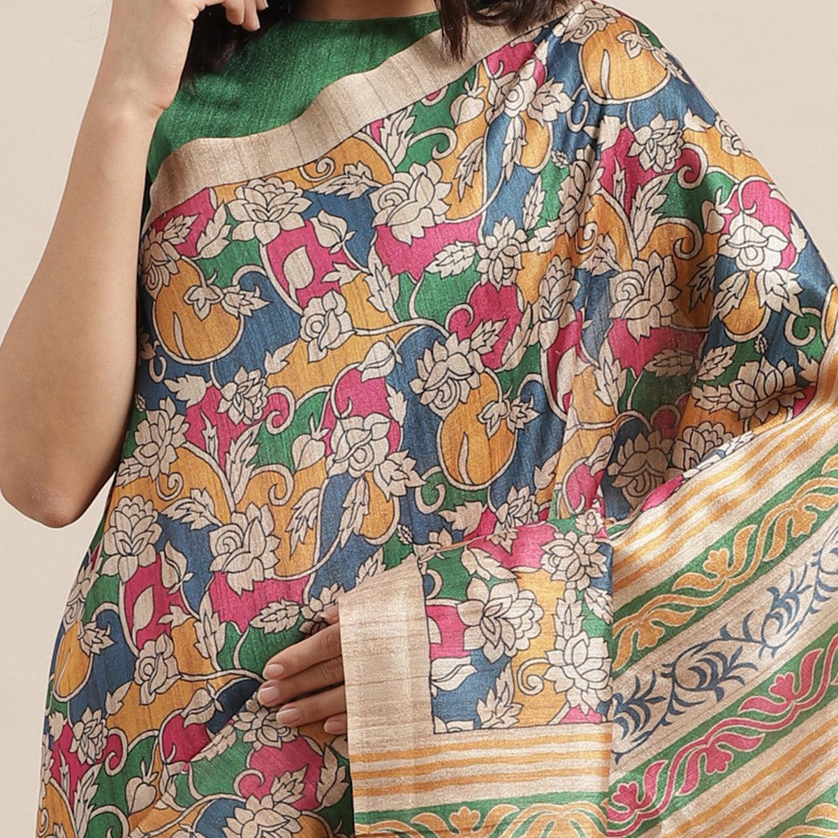 Gleaming Beige-Multi Colored Casual Wear Floral Printed Silk Blend Saree With Tassels - Peachmode