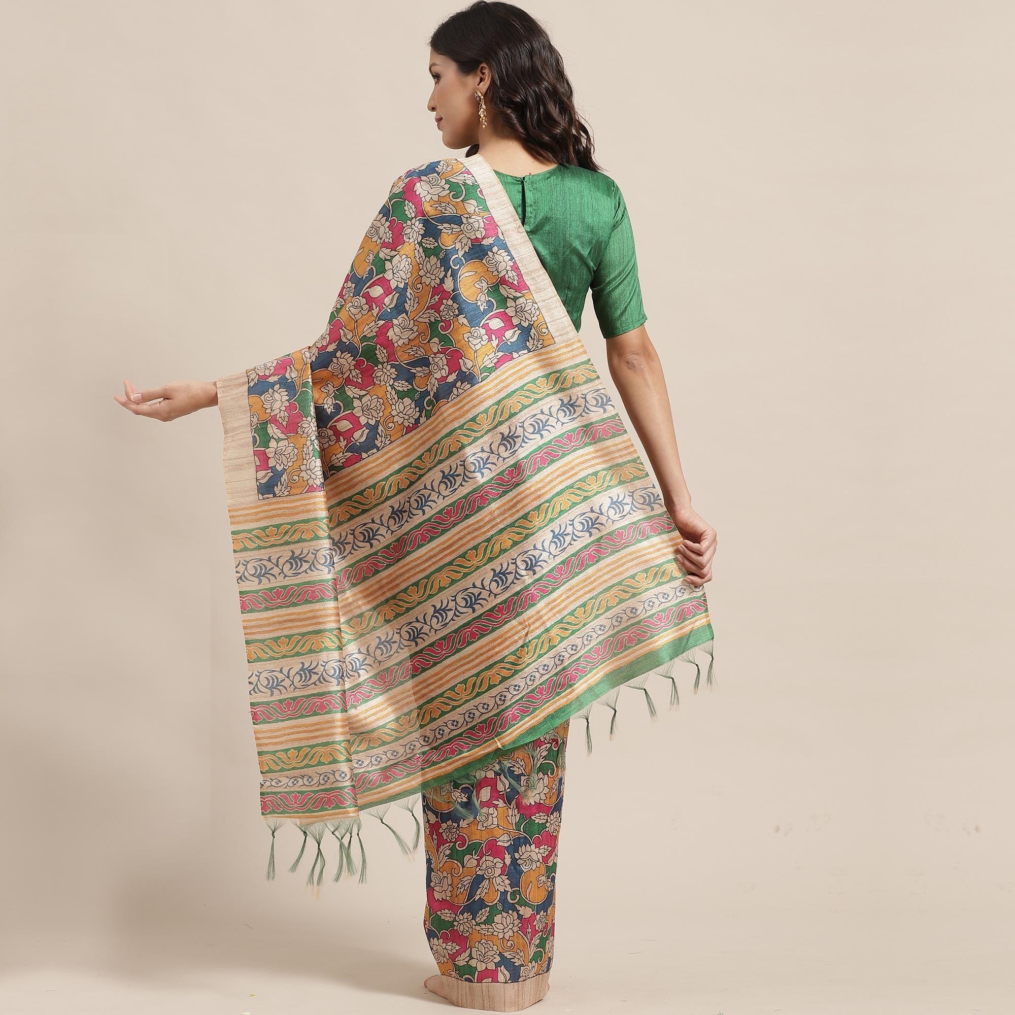 Gleaming Beige-Multi Colored Casual Wear Floral Printed Silk Blend Saree With Tassels - Peachmode