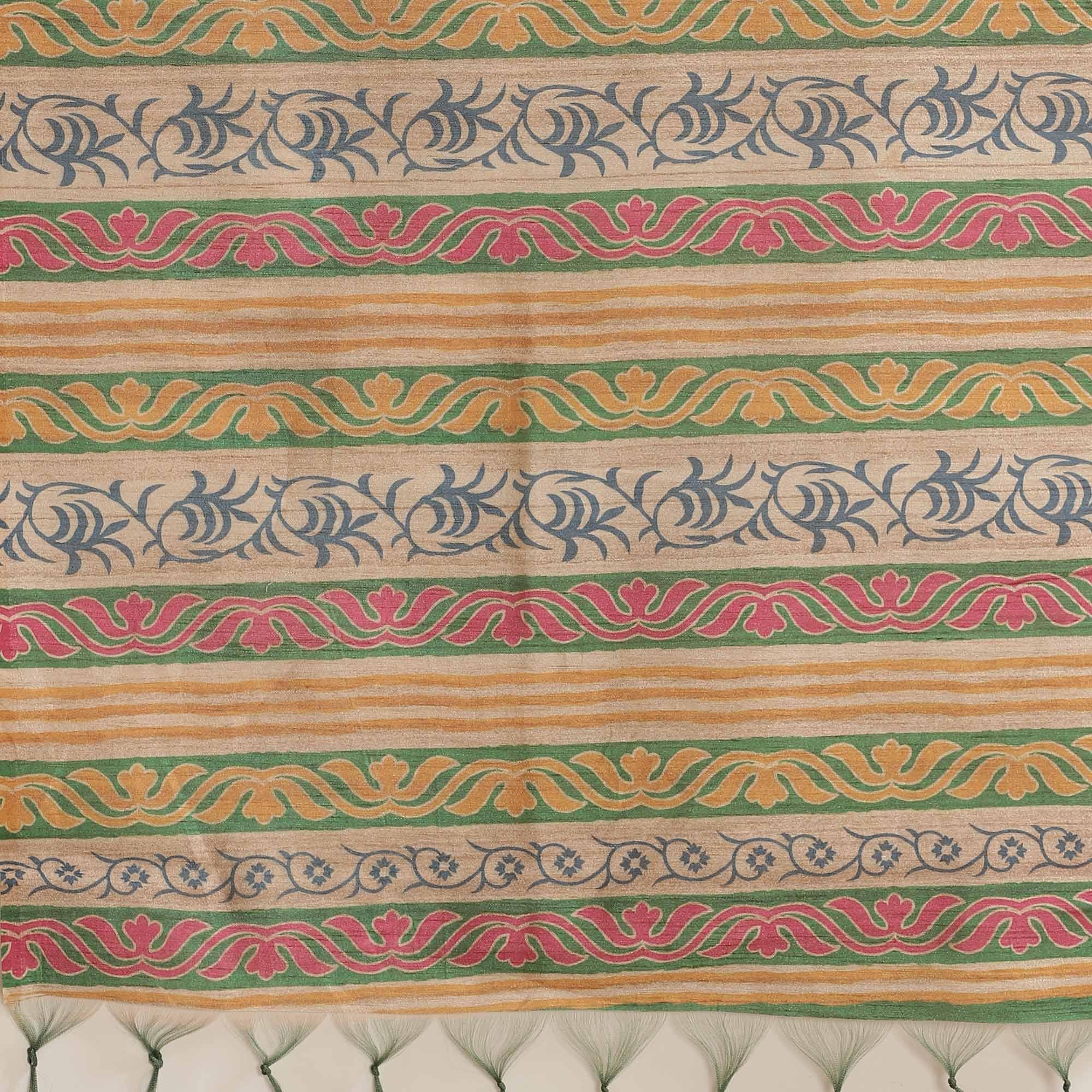 Gleaming Beige-Multi Colored Casual Wear Floral Printed Silk Blend Saree With Tassels - Peachmode
