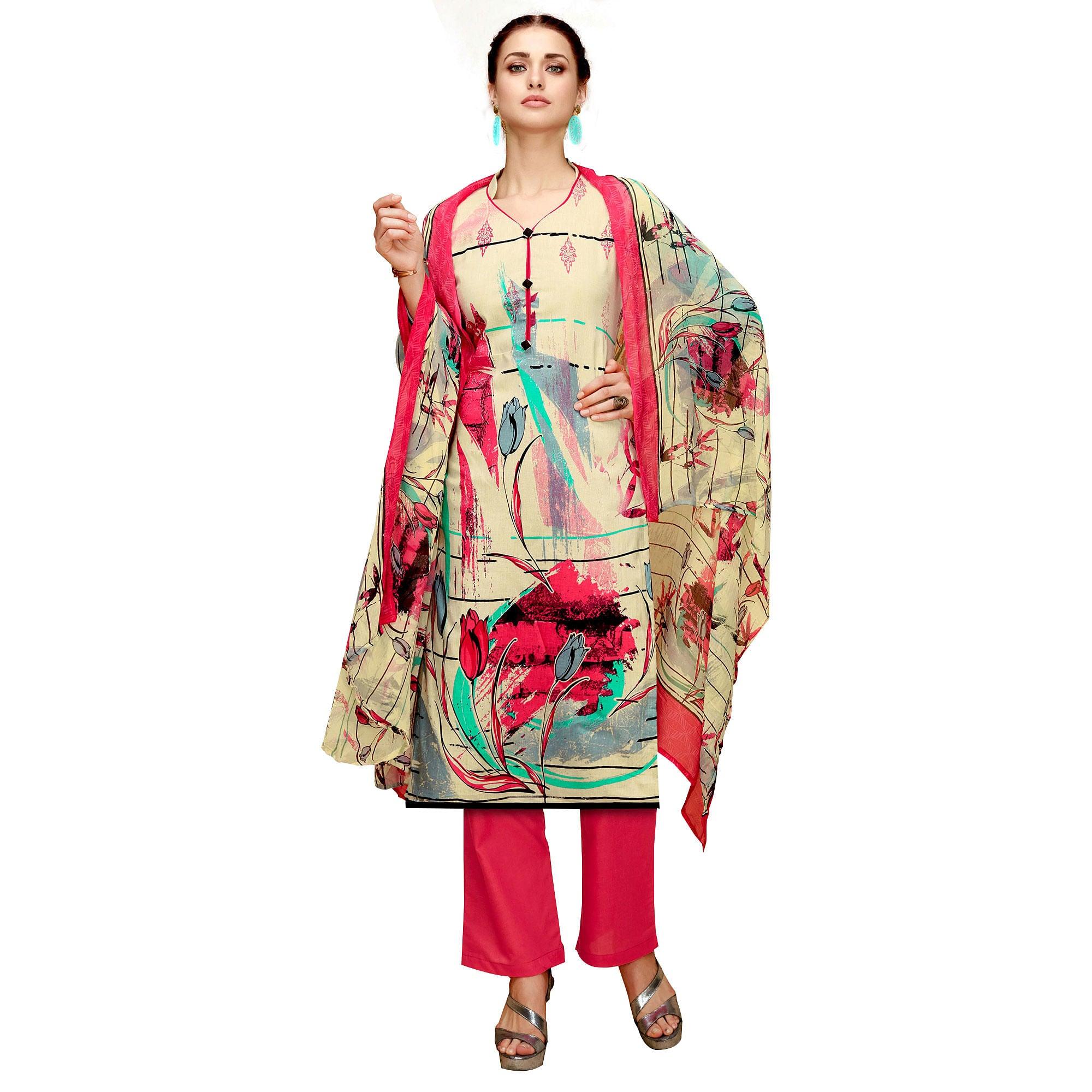Gleaming Beige-Red Colored Casual Printed Cotton Dress Material - Peachmode