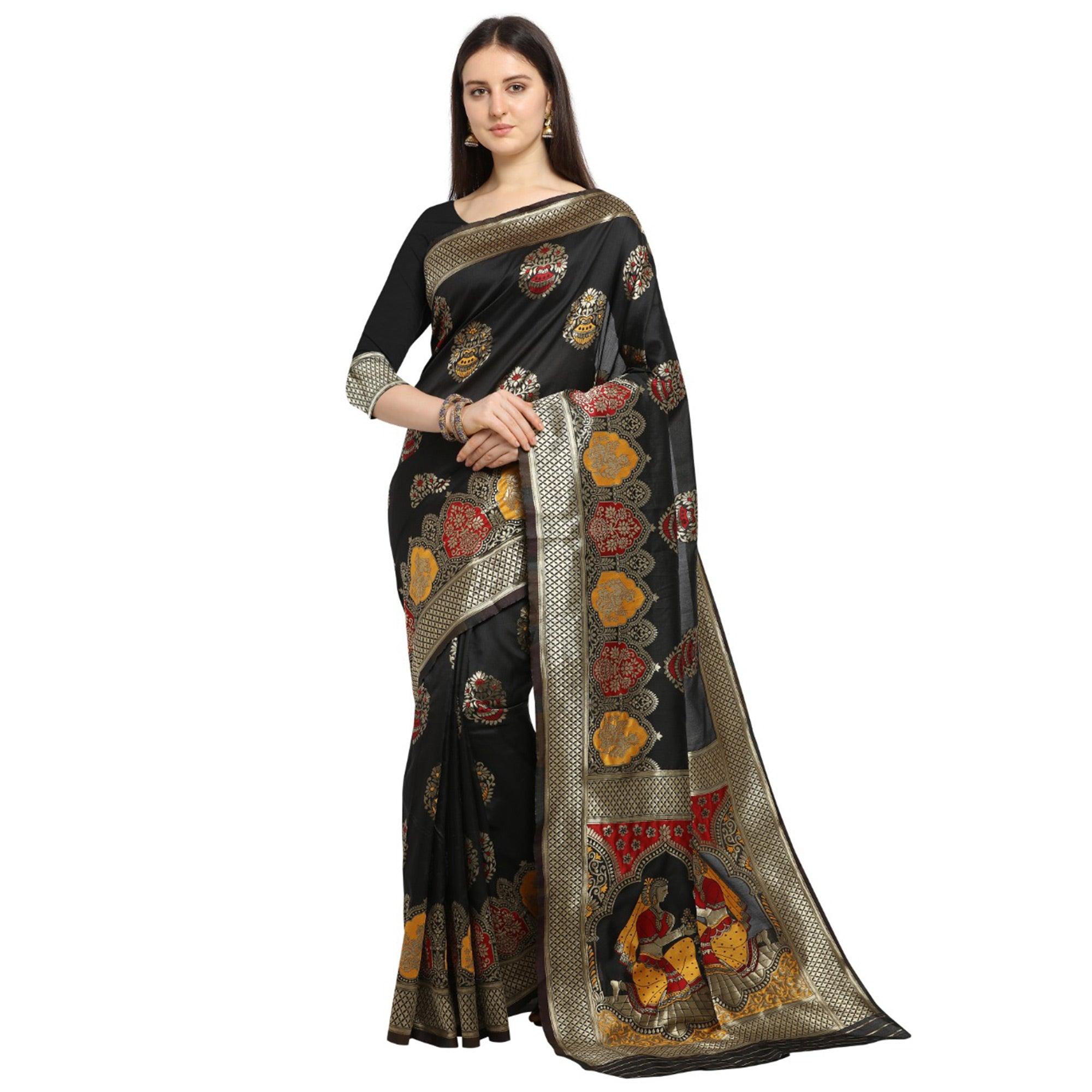 Gleaming Black Colored Festive Wear Woven Banarasi Silk Saree - Peachmode