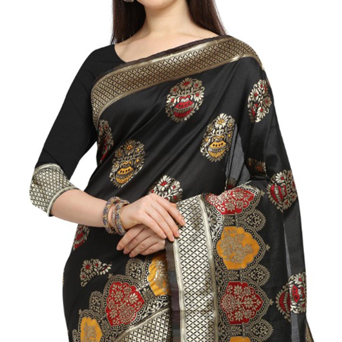 Gleaming Black Colored Festive Wear Woven Banarasi Silk Saree - Peachmode
