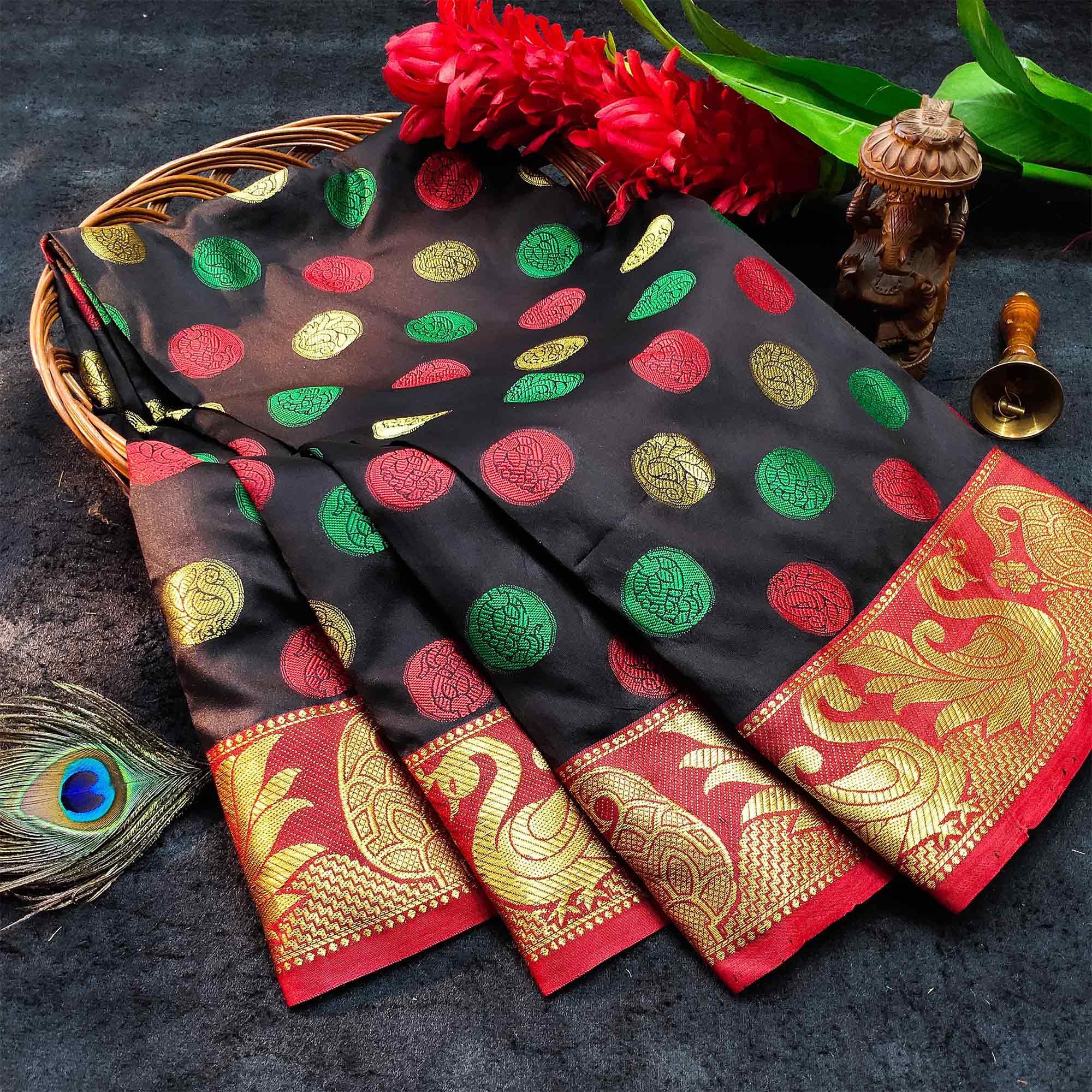 Gleaming Black Colored Festive Wear Woven Kanjivaram Silk Saree - Peachmode
