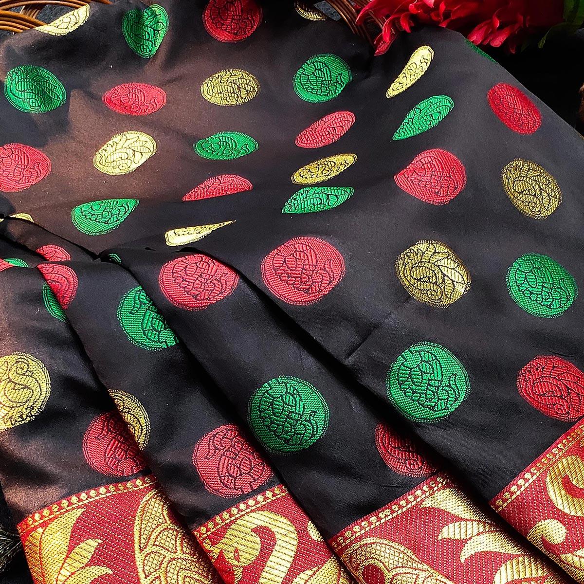 Gleaming Black Colored Festive Wear Woven Kanjivaram Silk Saree - Peachmode