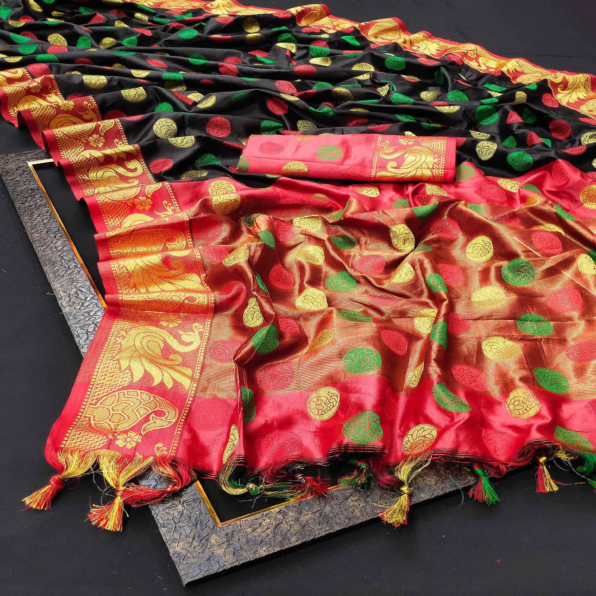 Gleaming Black Colored Festive Wear Woven Kanjivaram Silk Saree - Peachmode
