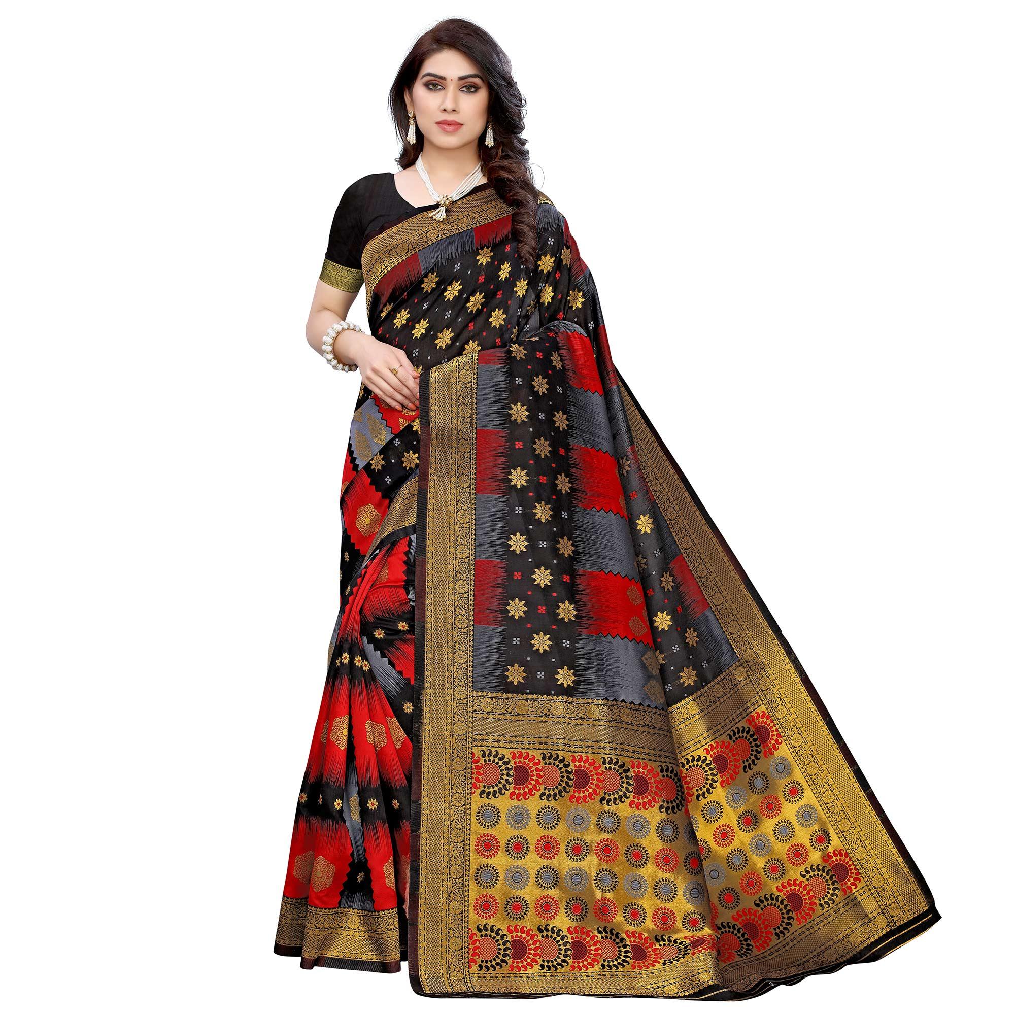 Gleaming Black - Red Colored Festive Wear Woven Jacquard Saree - Peachmode