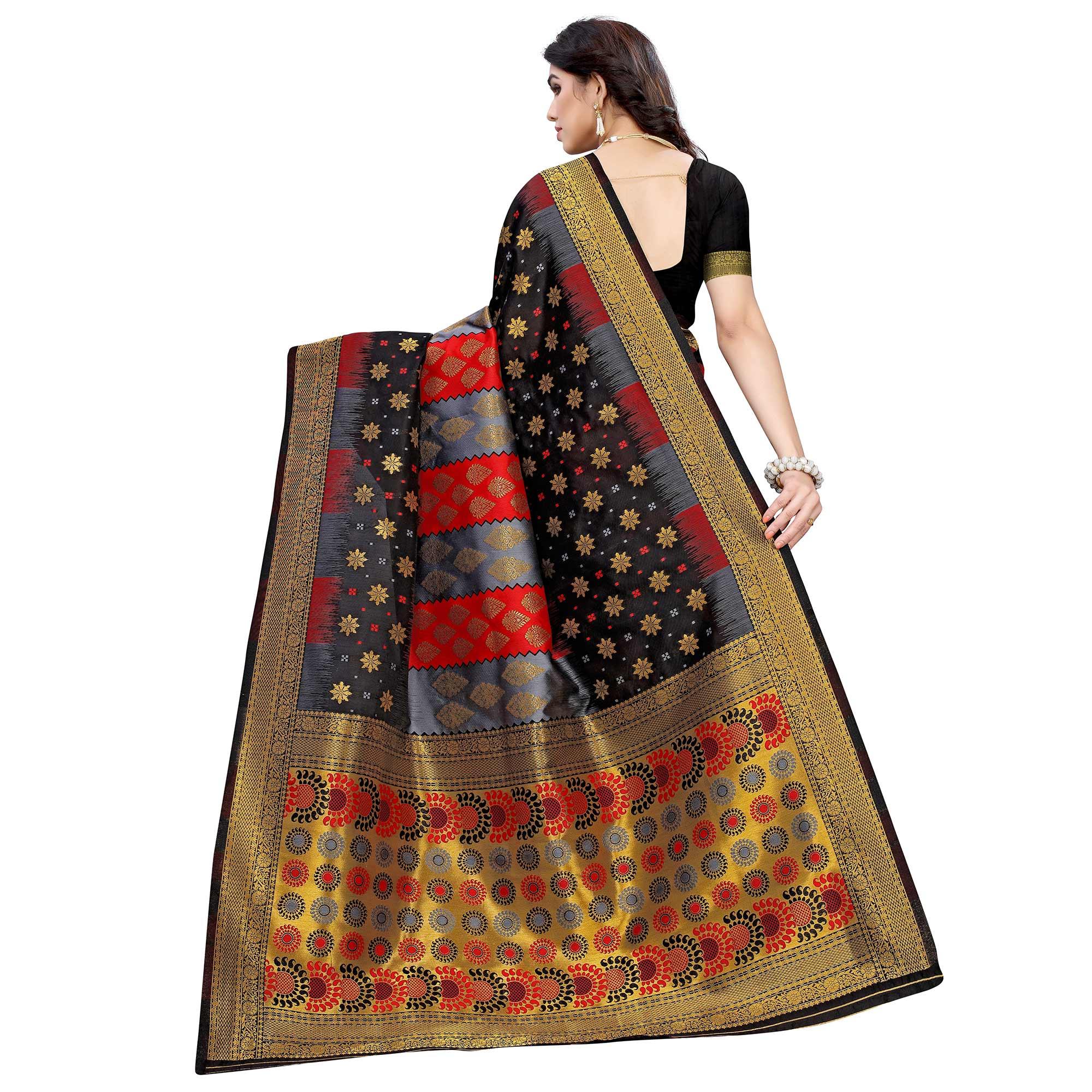 Gleaming Black - Red Colored Festive Wear Woven Jacquard Saree - Peachmode