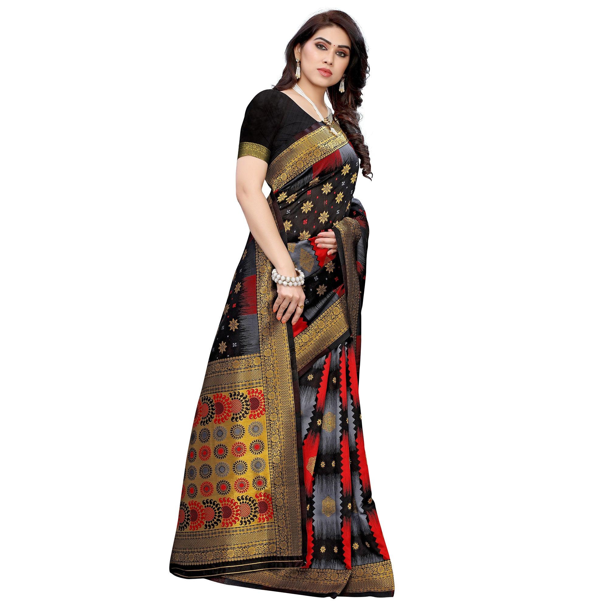 Gleaming Black - Red Colored Festive Wear Woven Jacquard Saree - Peachmode