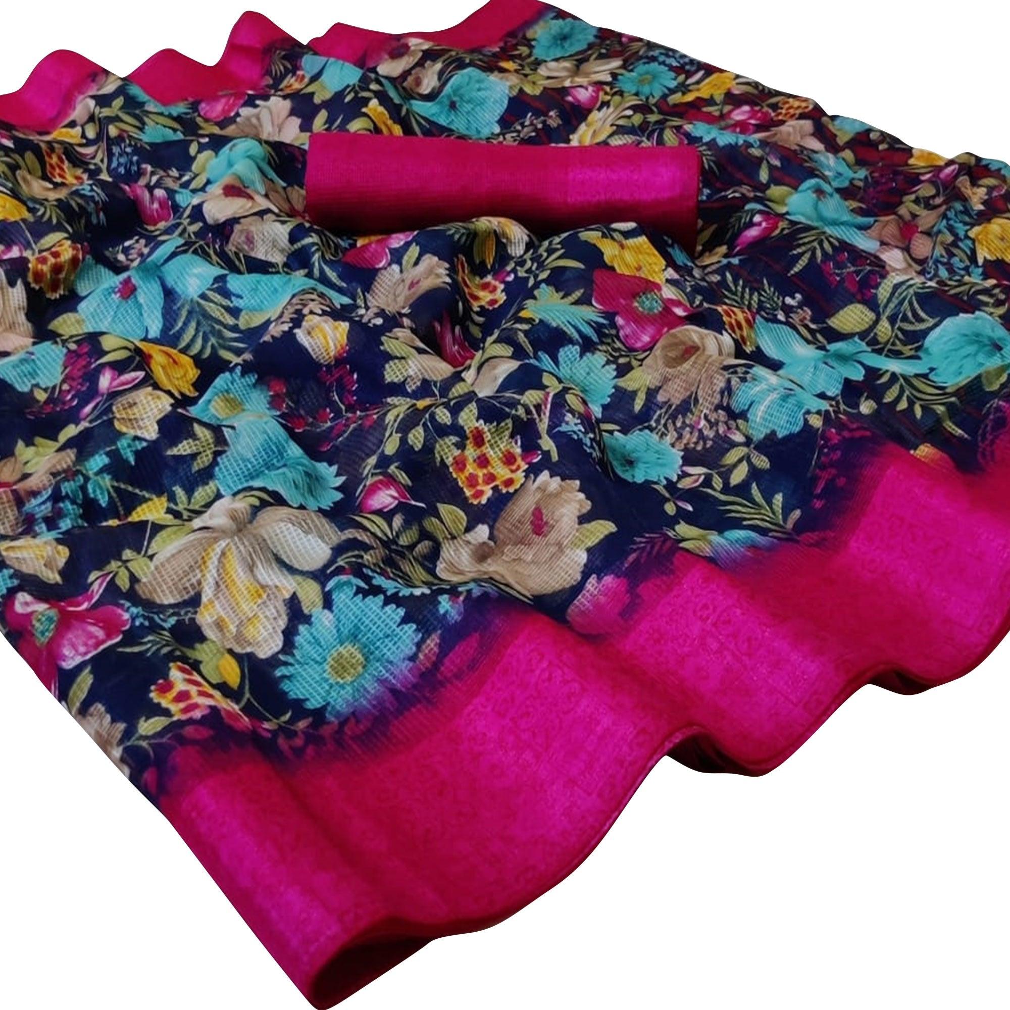 Gleaming Blue Colored Casual Wear Floral Printed Silk Saree - Peachmode