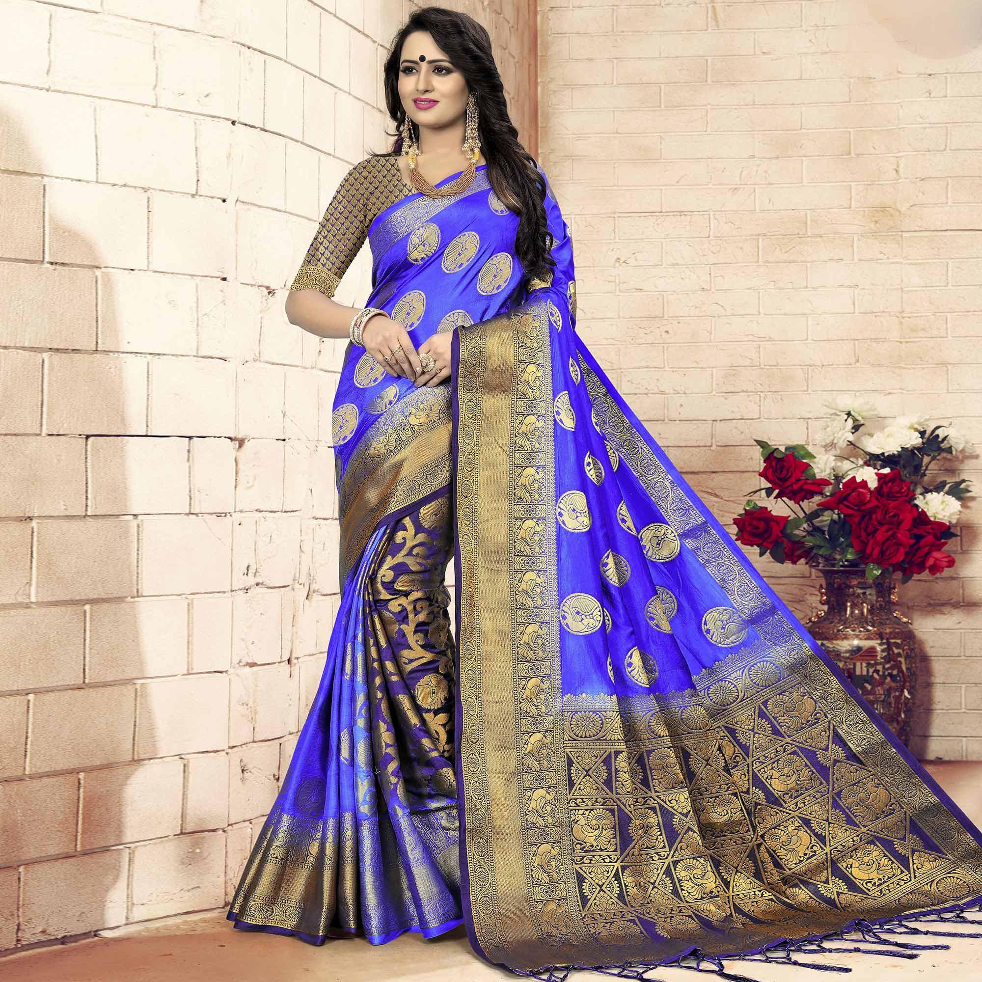 Gleaming Blue - Violet Colored Festive Wear Woven Art Silk Saree - Peachmode