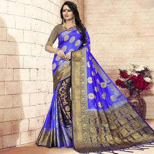 Gleaming Blue - Violet Colored Festive Wear Woven Art Silk Saree - Peachmode