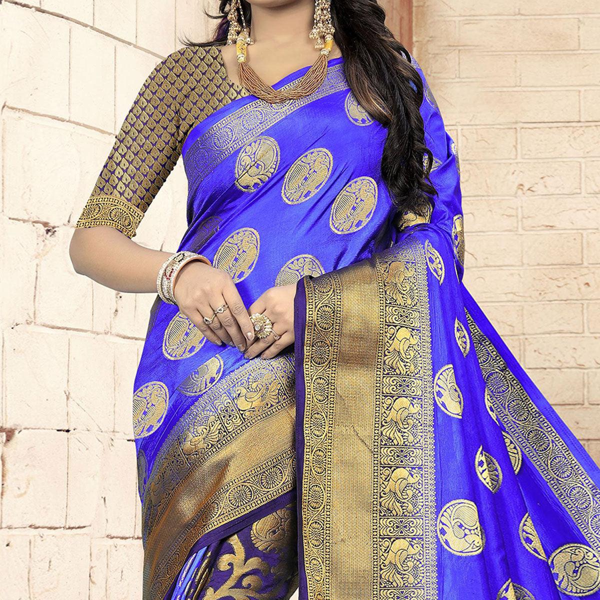 Gleaming Blue - Violet Colored Festive Wear Woven Art Silk Saree - Peachmode