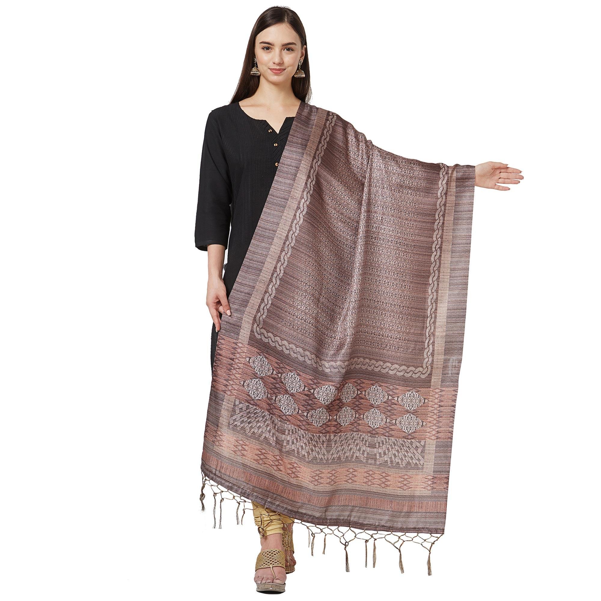 Gleaming Brown Colored Casual Printed Pashmina Silk Dupatta - Peachmode