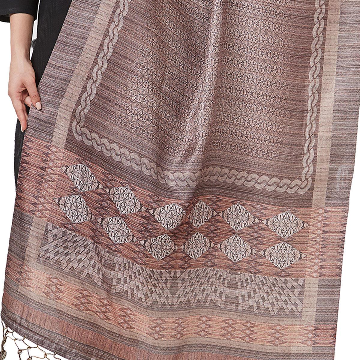 Gleaming Brown Colored Casual Printed Pashmina Silk Dupatta - Peachmode
