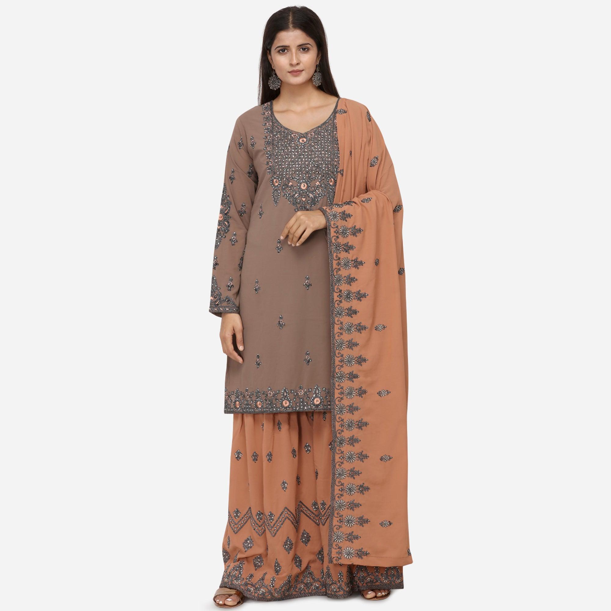 Gleaming Brown Colored Partywear Heavy Embroidered Georgette Sharara Style Suit - Peachmode