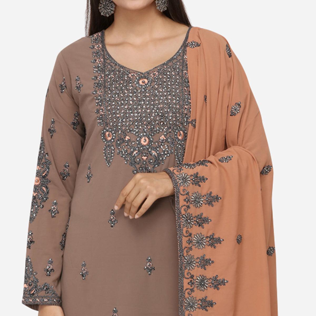 Gleaming Brown Colored Partywear Heavy Embroidered Georgette Sharara Style Suit - Peachmode