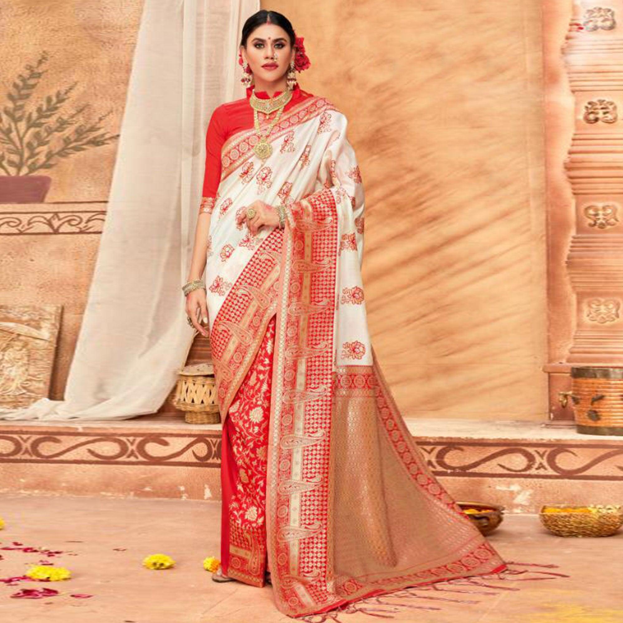 Gleaming Cream & Red Colored Festive Wear Woven Silk Blend Saree With Tassels - Peachmode