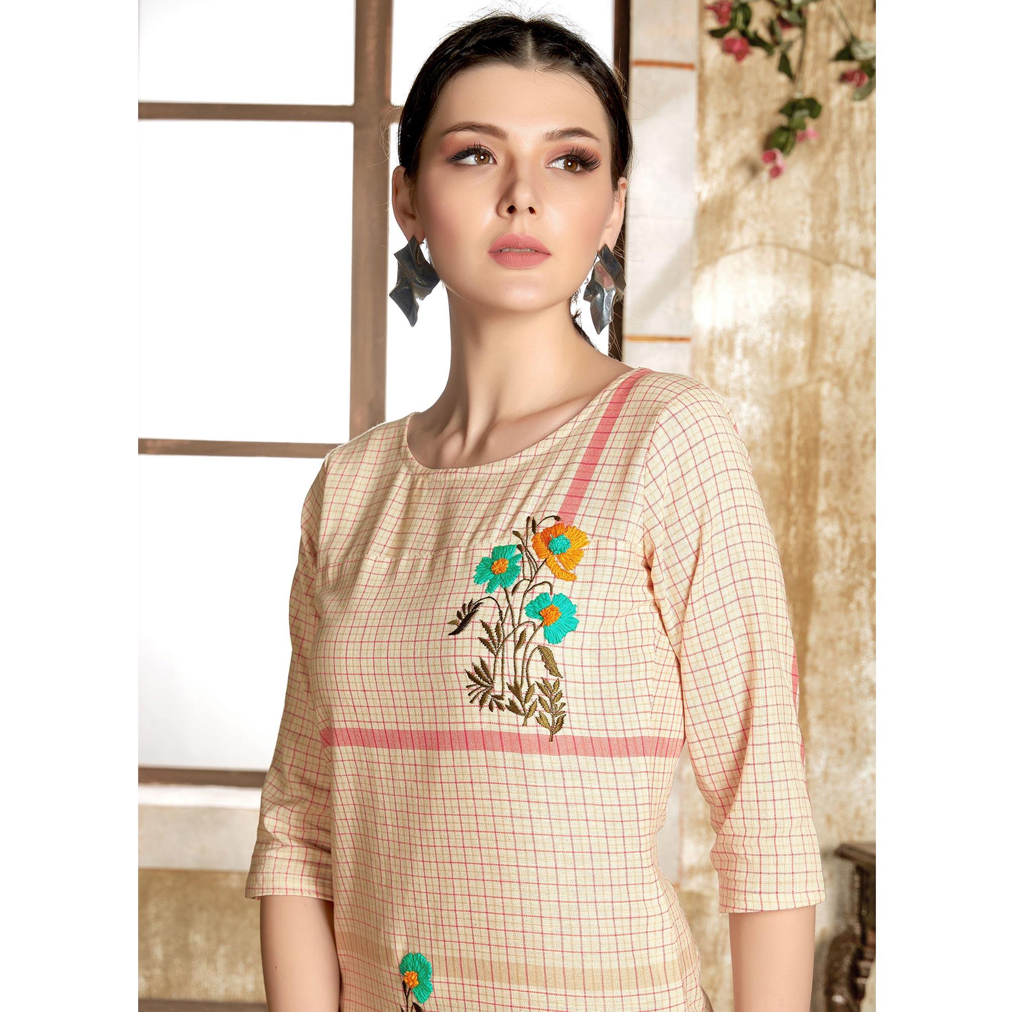 Gleaming Cream - Gajari Colored Casual Wear Embroidered Pure Cotton Kurti - Peachmode