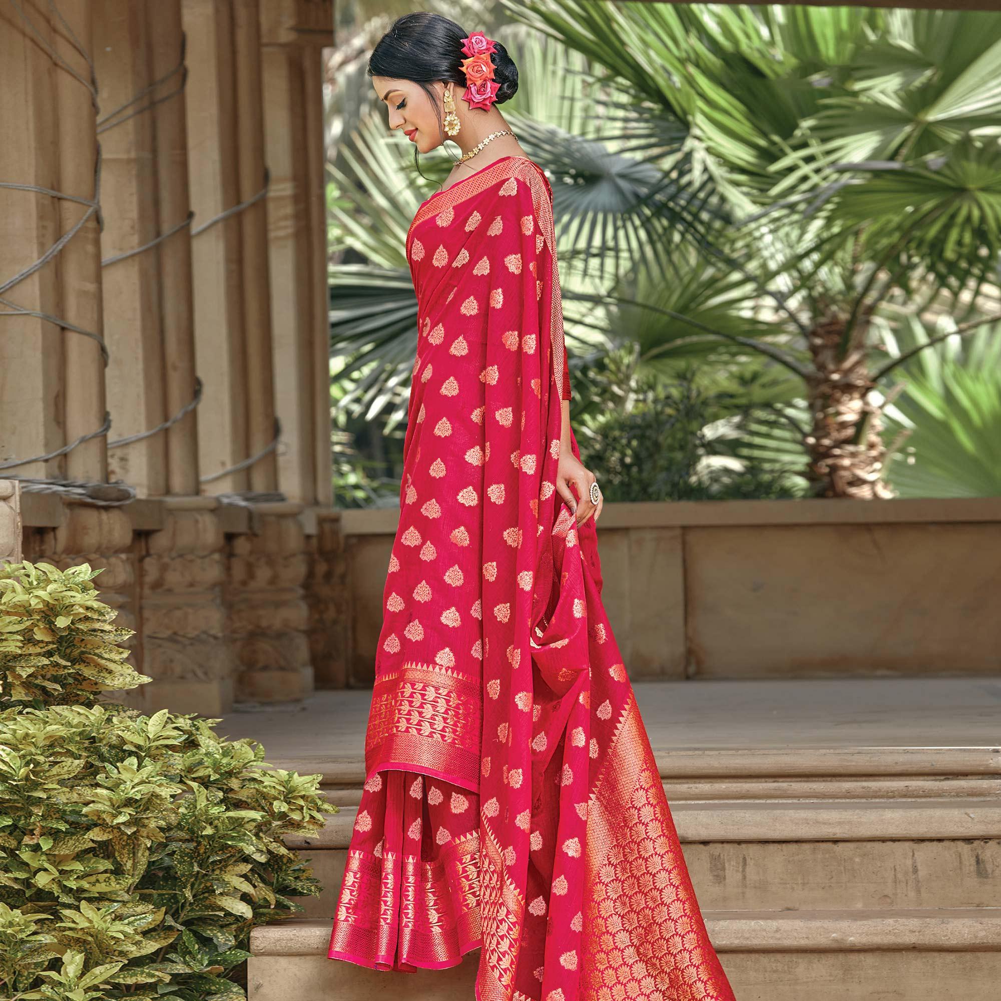 Gleaming Dark Pink Colored Festive Wear Woven Handloom Cotton Saree - Peachmode