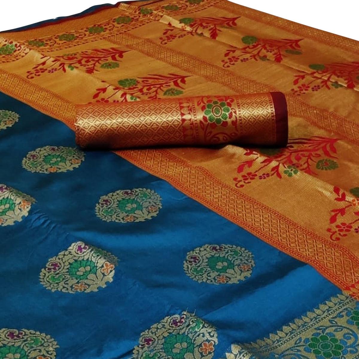 Gleaming Dark Sky Blue Colored Festive Wear Woven Silk Saree - Peachmode
