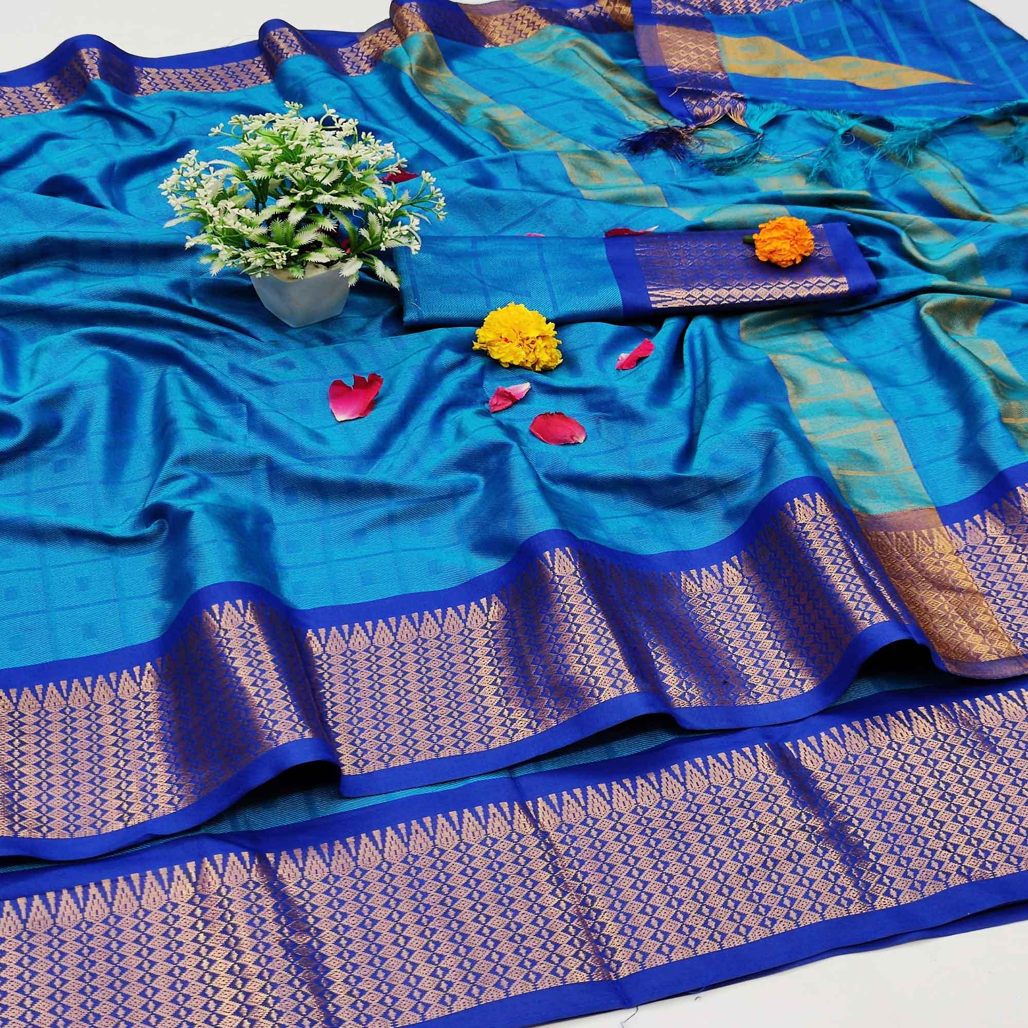 Gleaming Firoji Colored Festive Wear Jacquard Zari Work Border Soft Cotton Silk Saree - Peachmode
