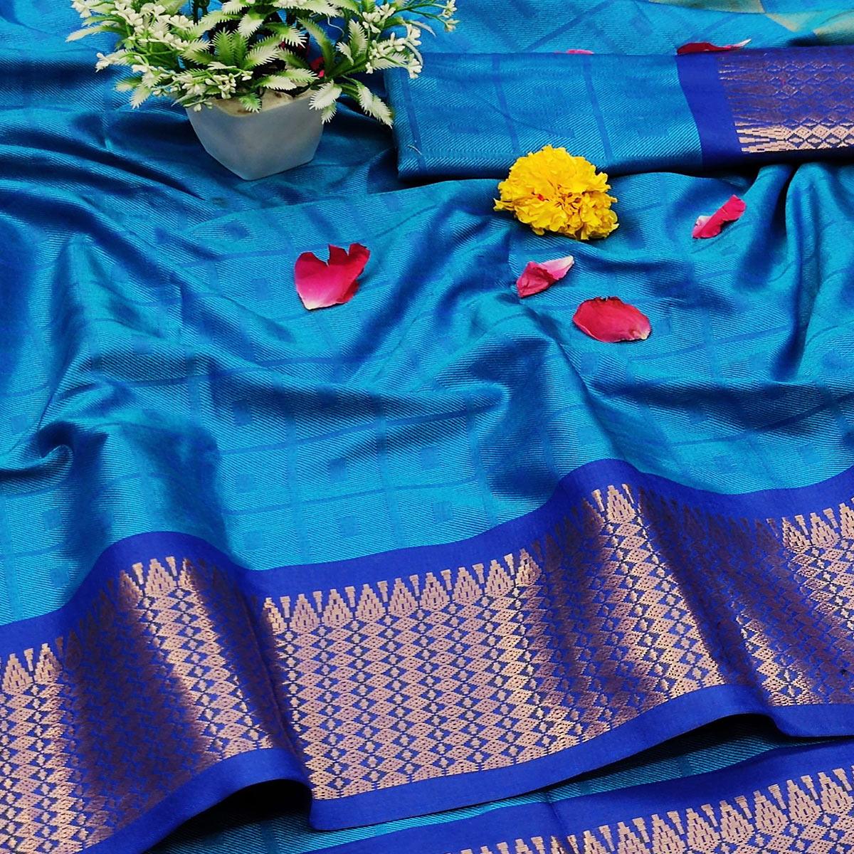 Gleaming Firoji Colored Festive Wear Jacquard Zari Work Border Soft Cotton Silk Saree - Peachmode