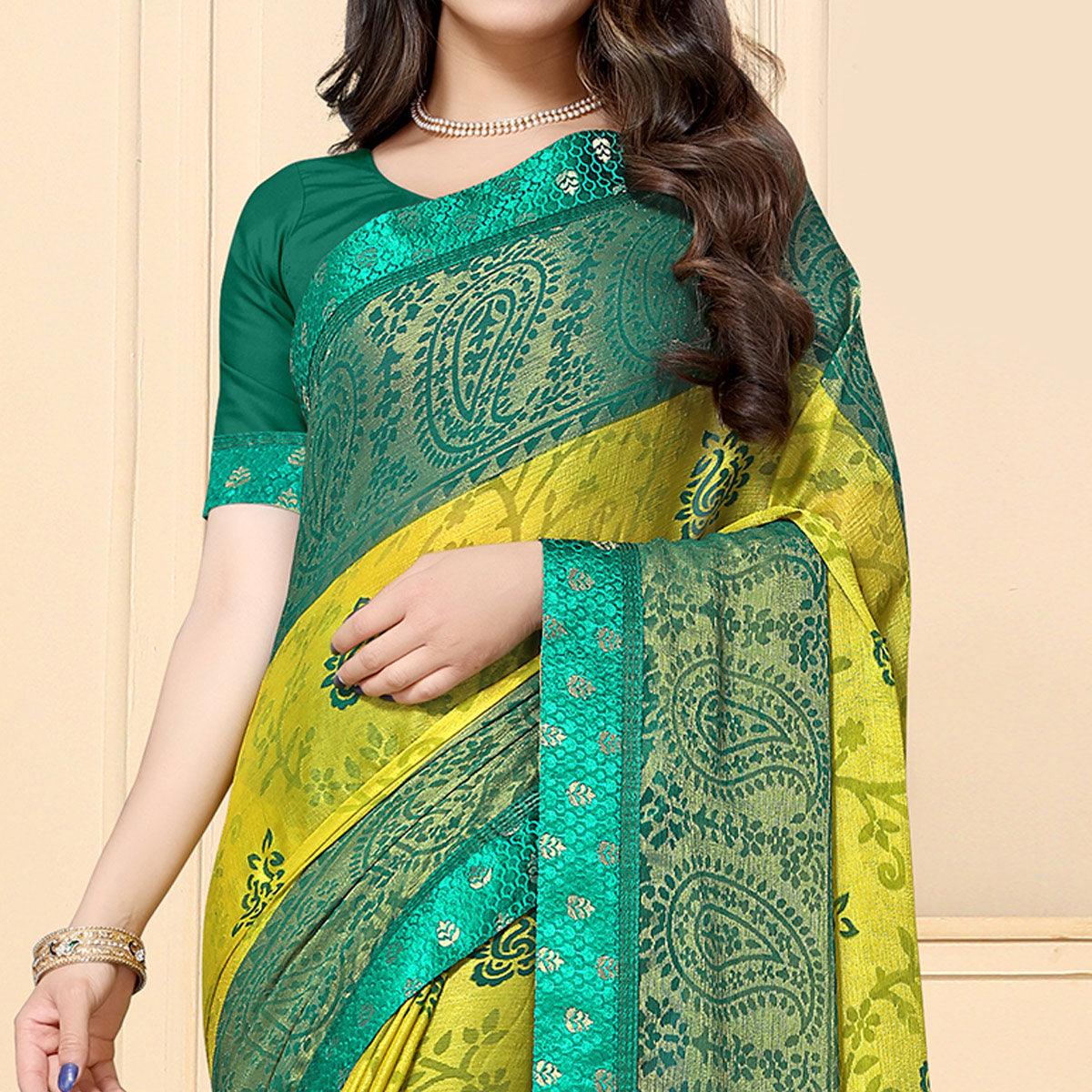 Gleaming Green Colored Festive Wear Printed Chiffon Brasso Saree - Peachmode