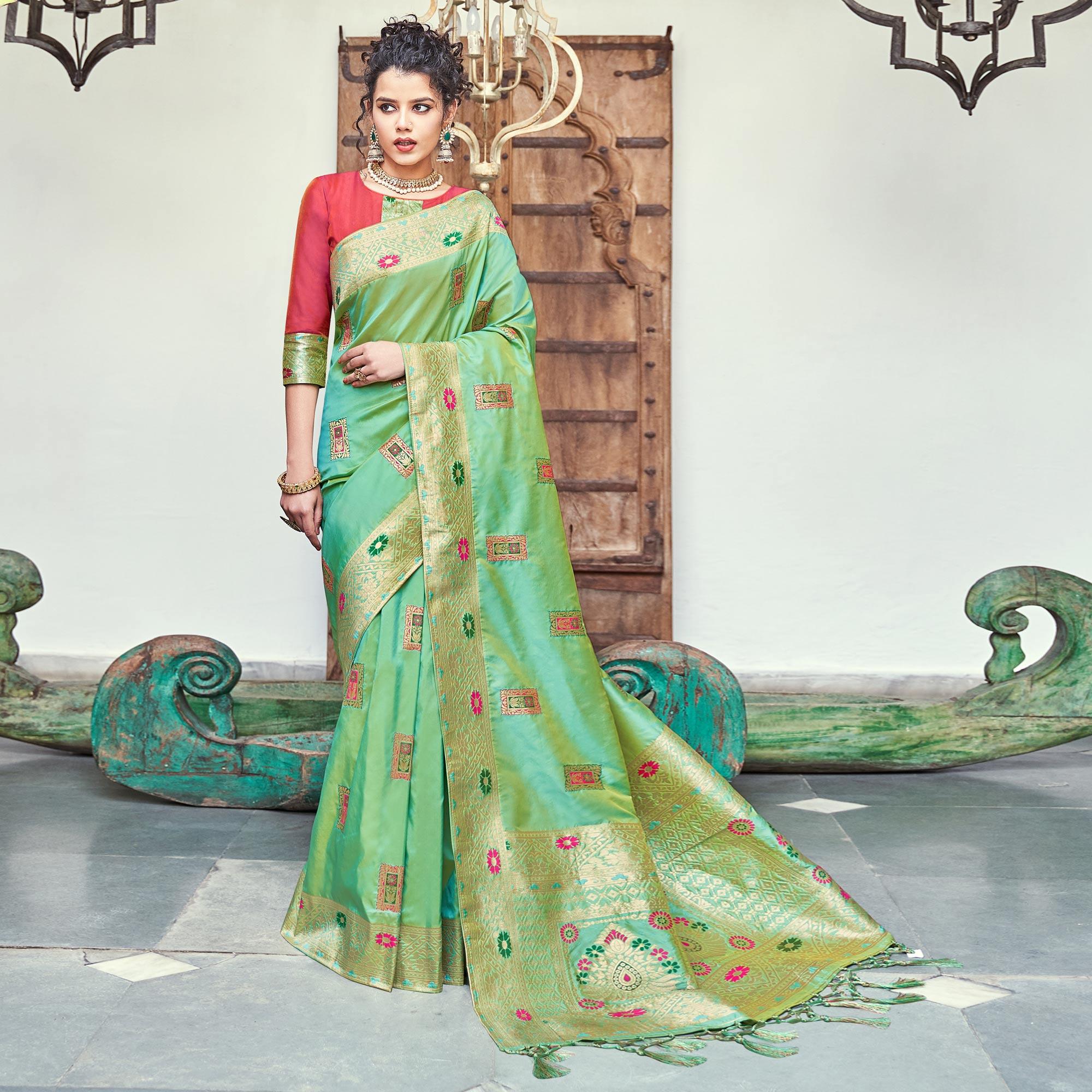 Gleaming Green Colored Festive Wear Woven Banarasi Silk Saree - Peachmode