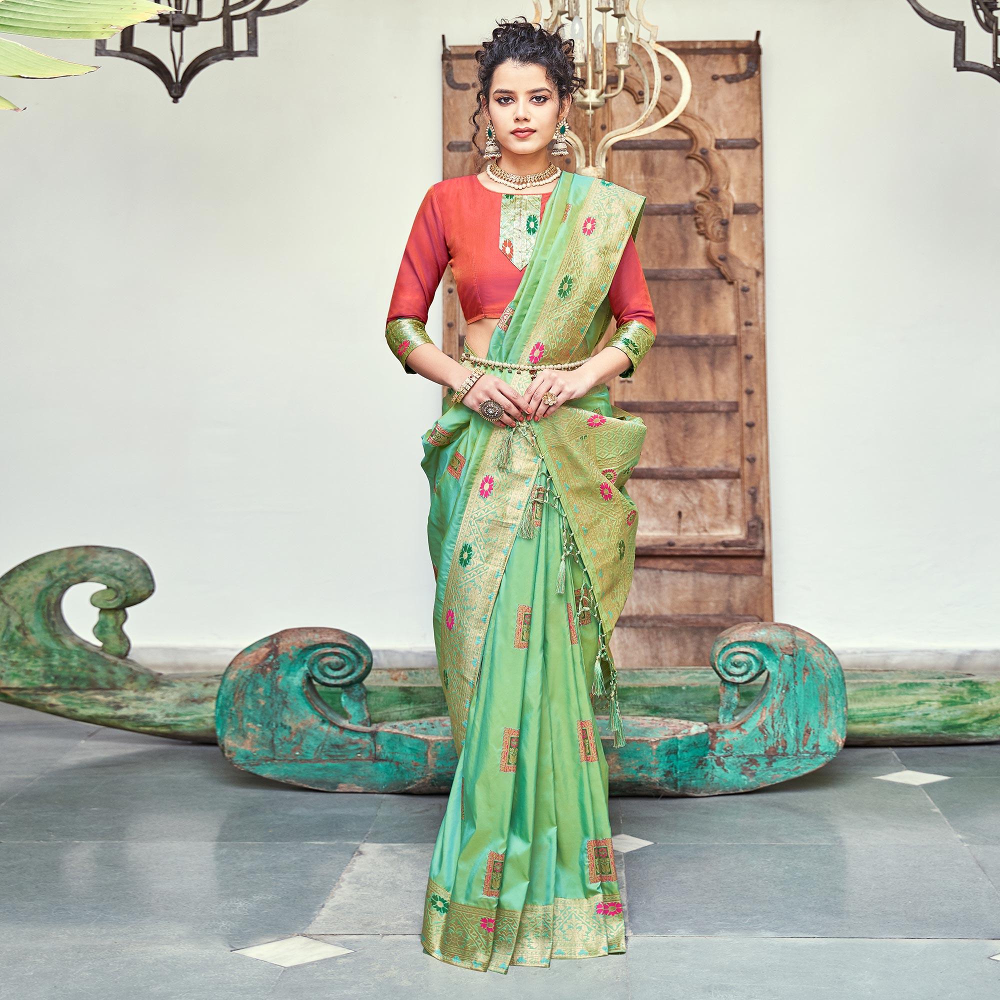 Gleaming Green Colored Festive Wear Woven Banarasi Silk Saree - Peachmode
