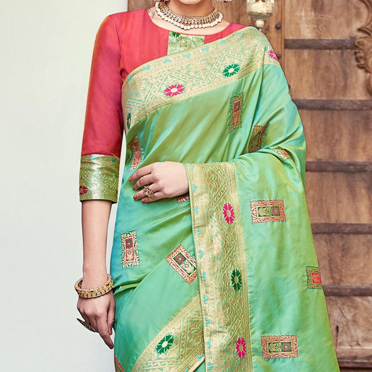 Gleaming Green Colored Festive Wear Woven Banarasi Silk Saree - Peachmode