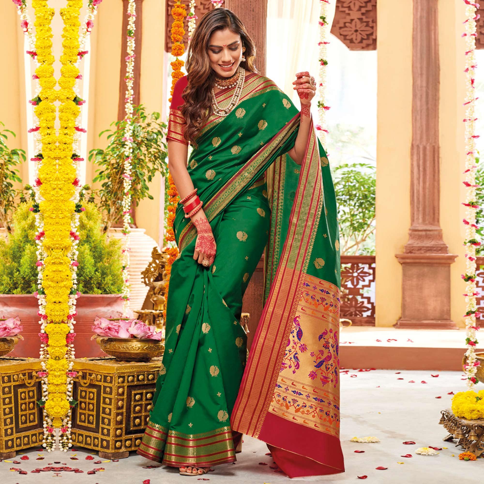 Gleaming Green Colored Festive Wear Woven Silk Saree - Peachmode