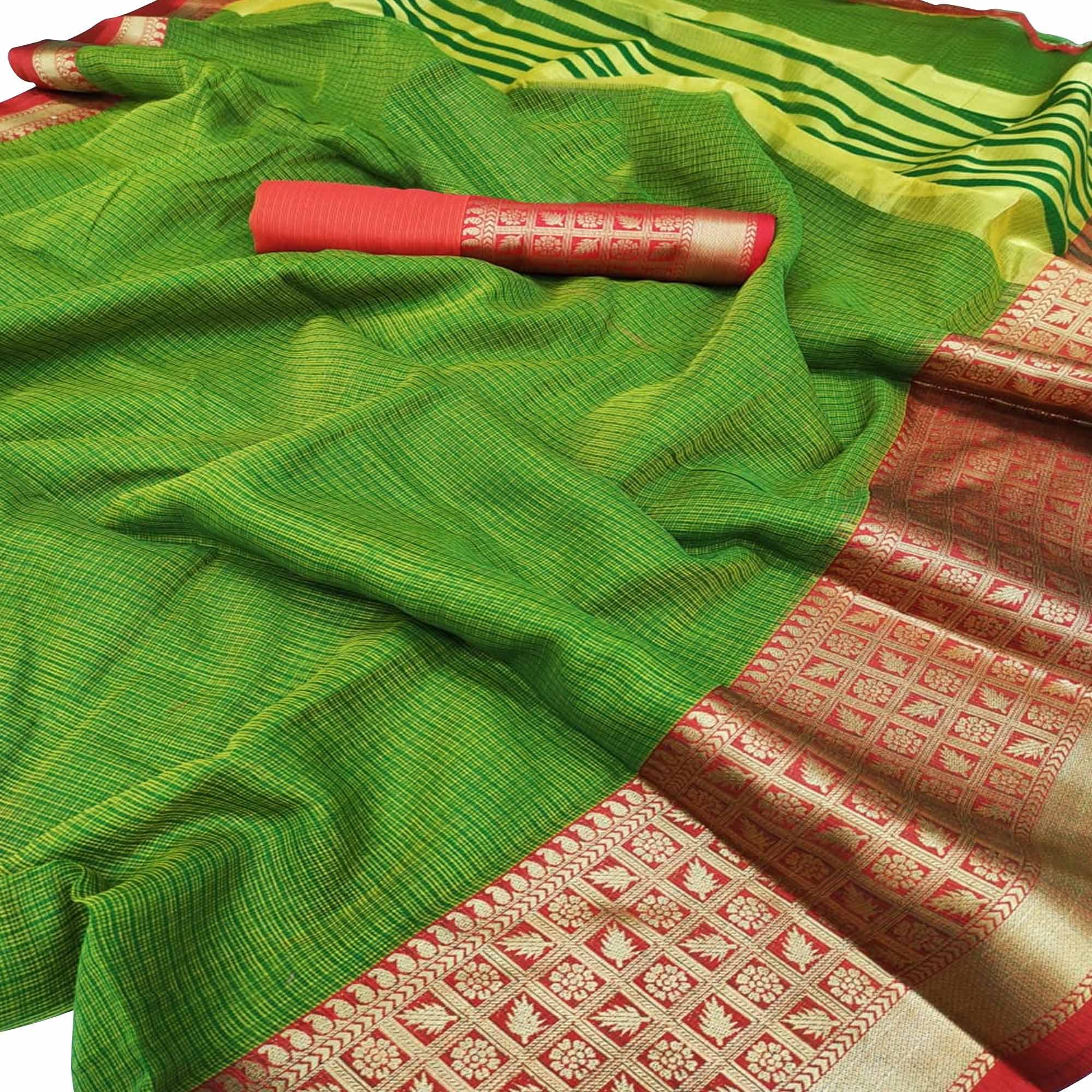 Gleaming Green Colored Festive Wear Woven Silk Saree - Peachmode
