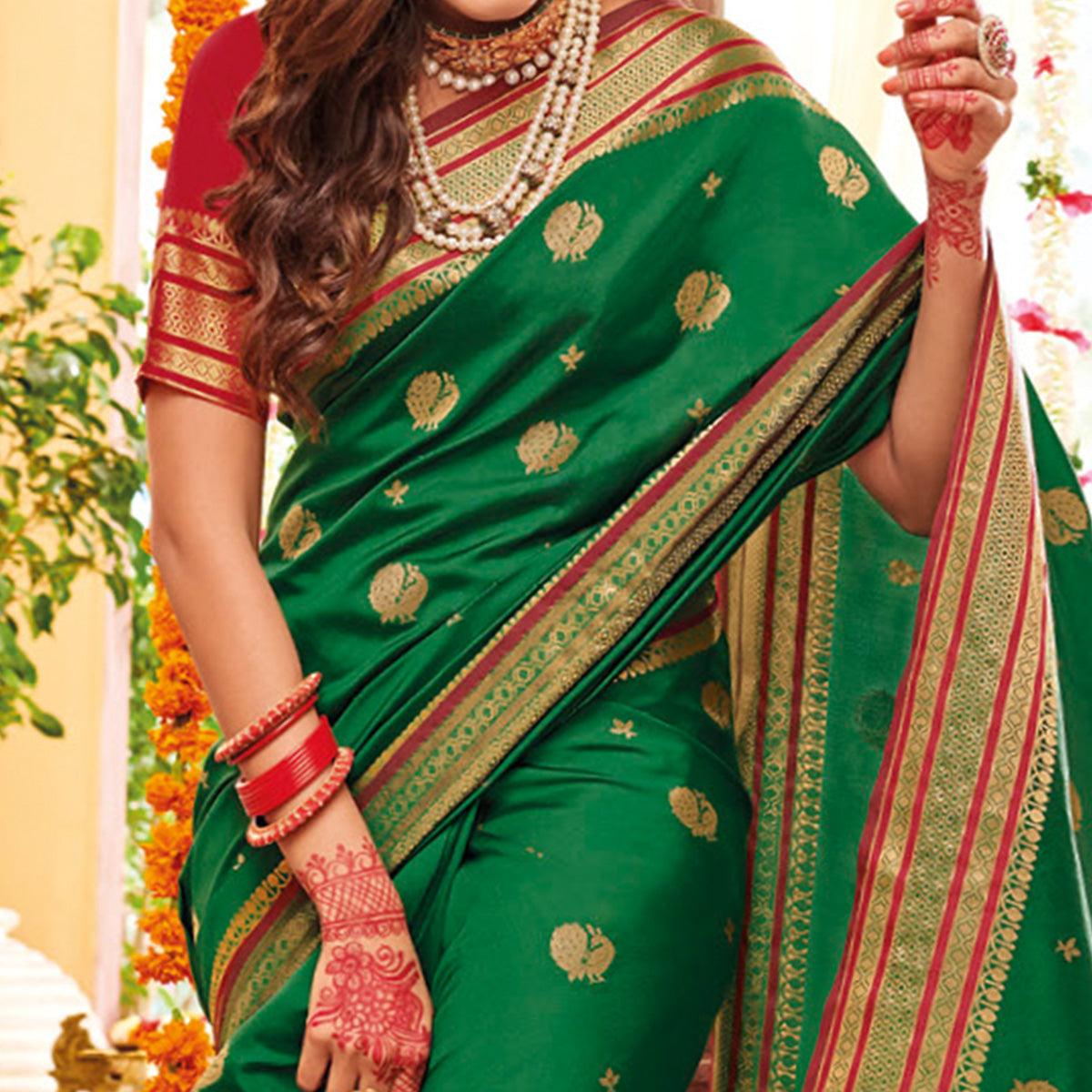 Gleaming Green Colored Festive Wear Woven Silk Saree - Peachmode