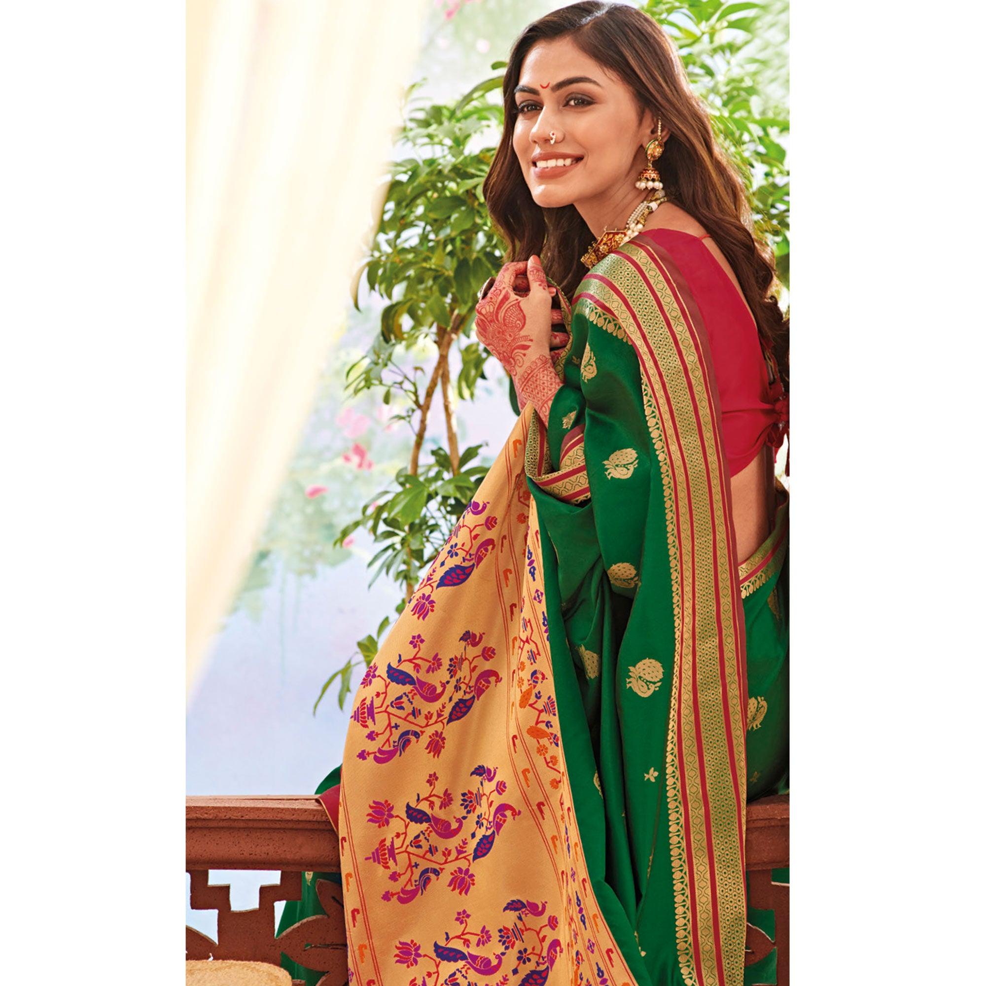 Gleaming Green Colored Festive Wear Woven Silk Saree - Peachmode