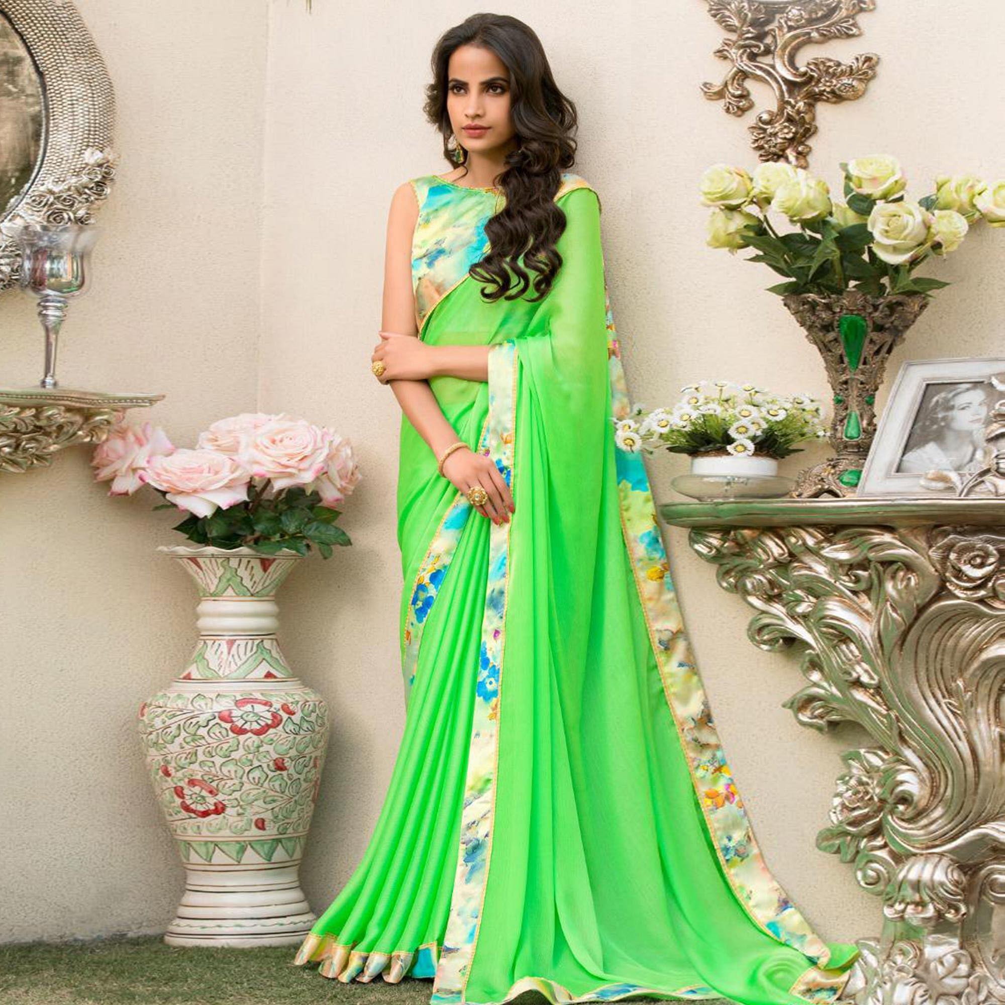 Gleaming Green Colored Partywear Printed Chiffon Saree - Peachmode