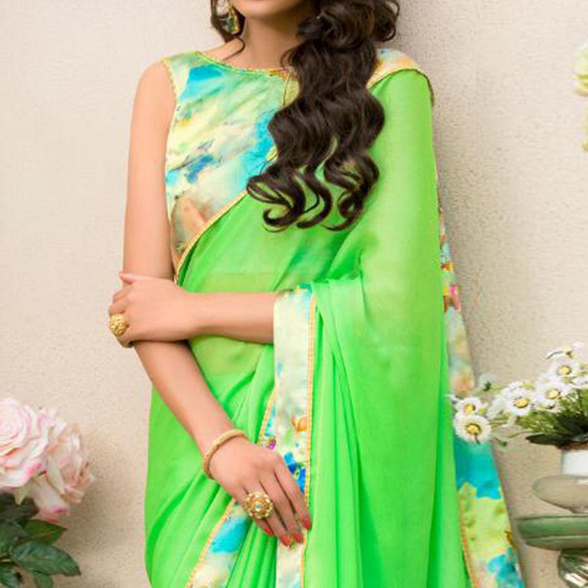 Gleaming Green Colored Partywear Printed Chiffon Saree - Peachmode