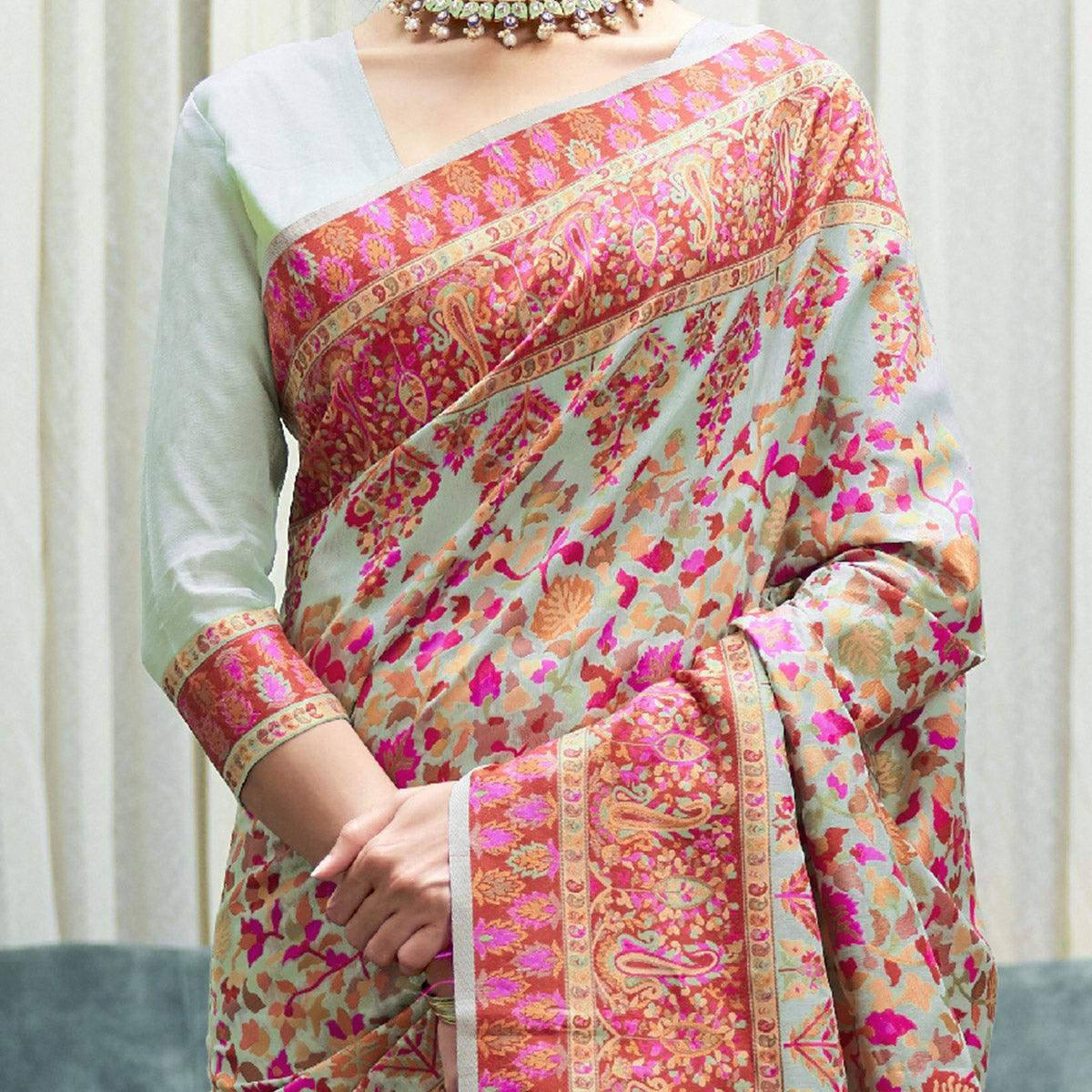 Gleaming Green Coloured Festive Wear Handloom Woven Silk Saree - Peachmode
