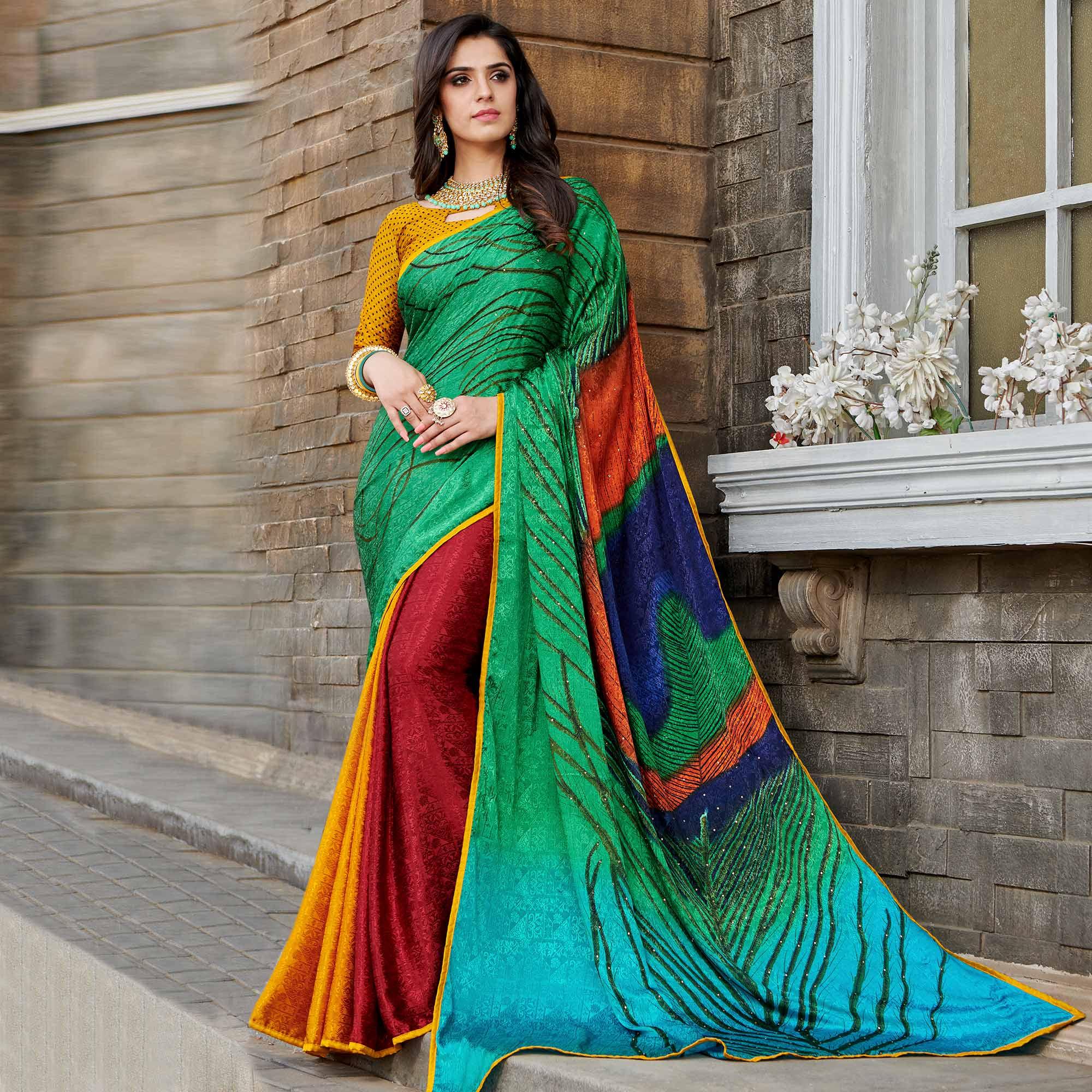 Gleaming Green - Multi Colored Partywear Peacock Printed Silk Crepe Saree - Peachmode