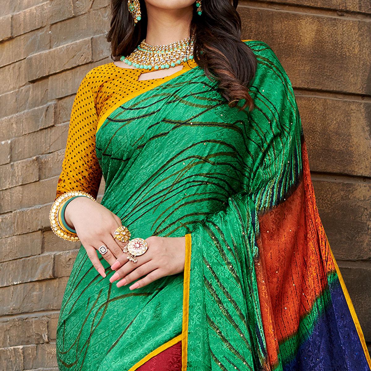 Gleaming Green - Multi Colored Partywear Peacock Printed Silk Crepe Saree - Peachmode