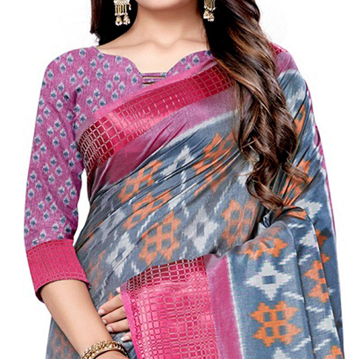 Gleaming Grey Colored Casual Wear Printed Art Silk Saree - Peachmode