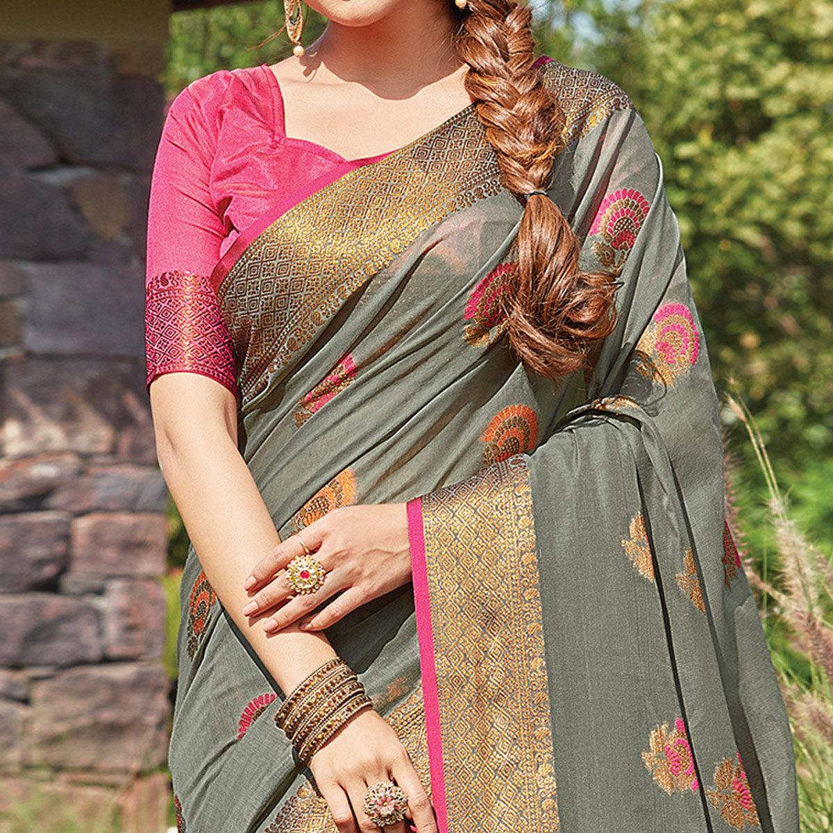 Gleaming Grey Colored Festive Wear Woven Cotton Handloom Saree - Peachmode