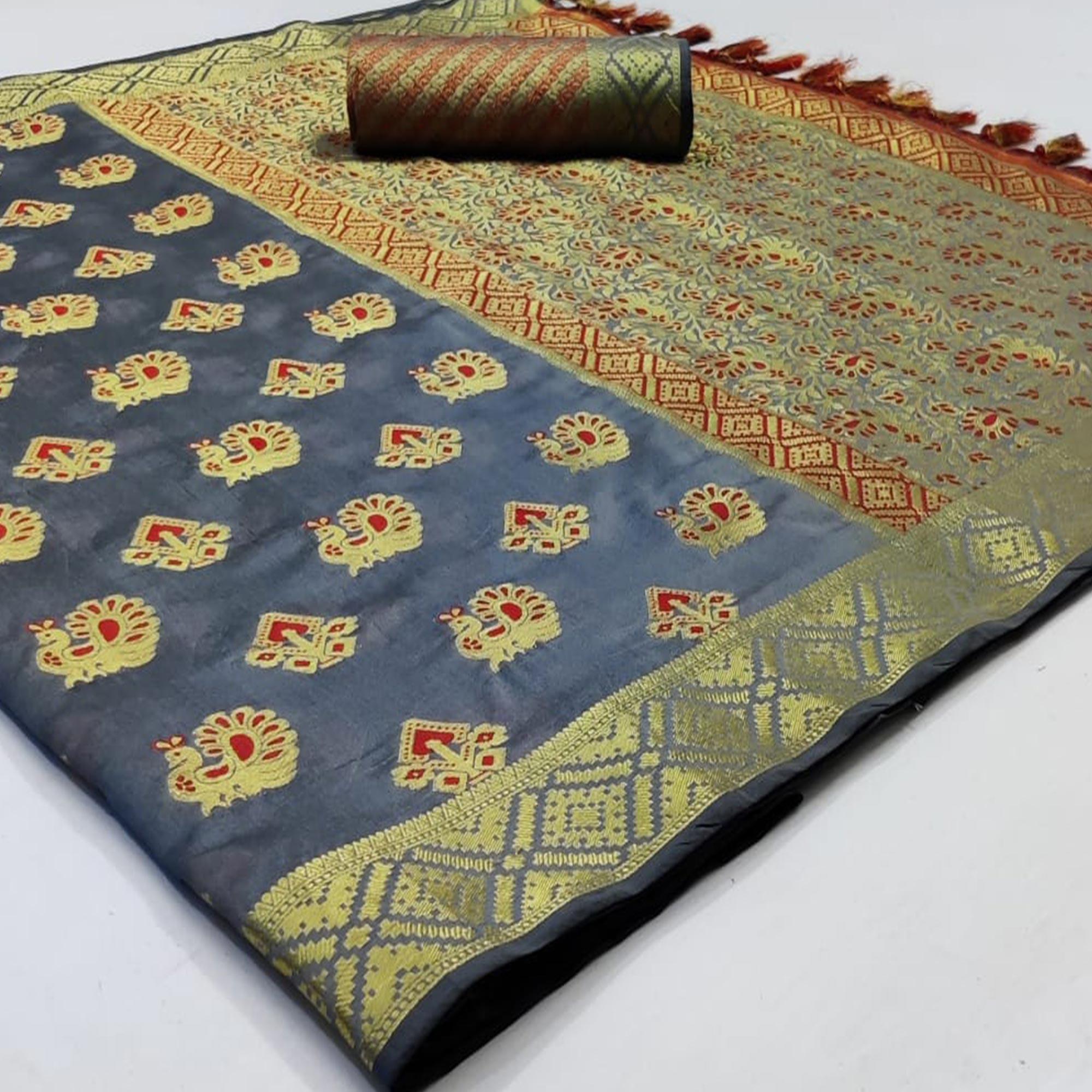 Gleaming Grey Colored Festive Wear Woven Cotton Saree - Peachmode
