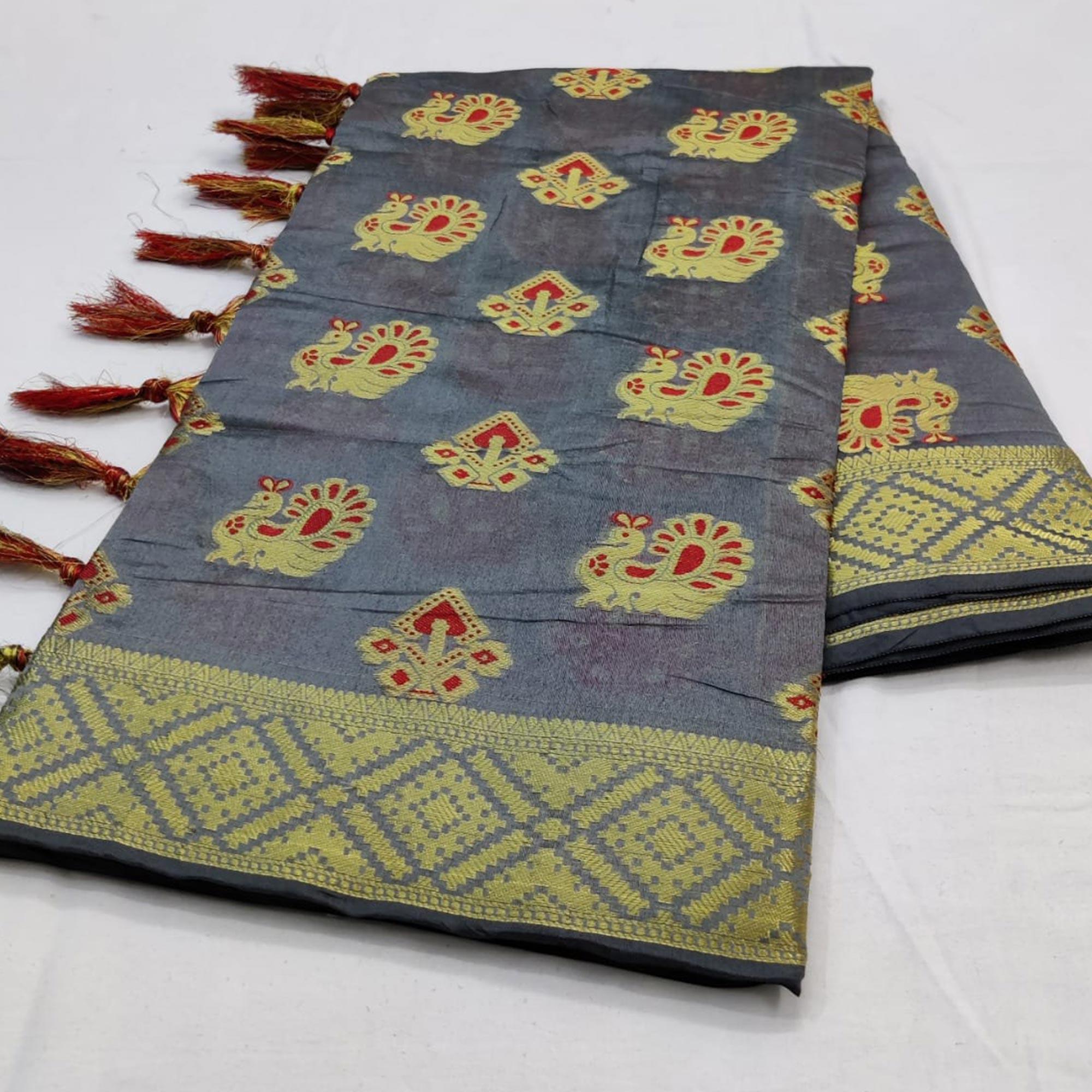 Gleaming Grey Colored Festive Wear Woven Cotton Saree - Peachmode