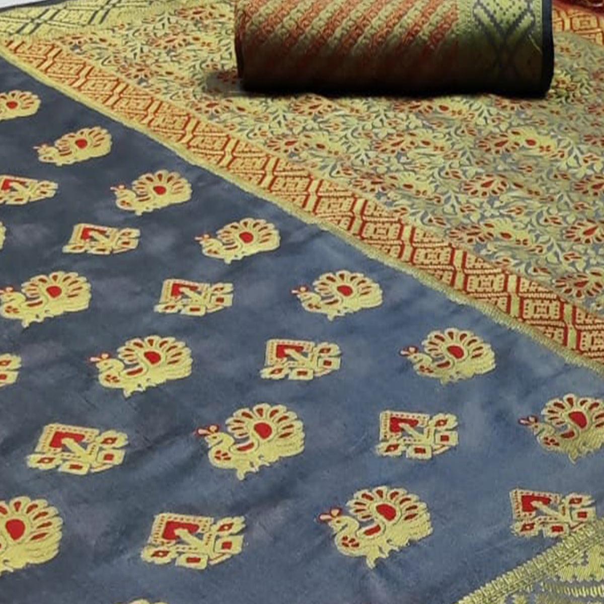 Gleaming Grey Colored Festive Wear Woven Cotton Saree - Peachmode