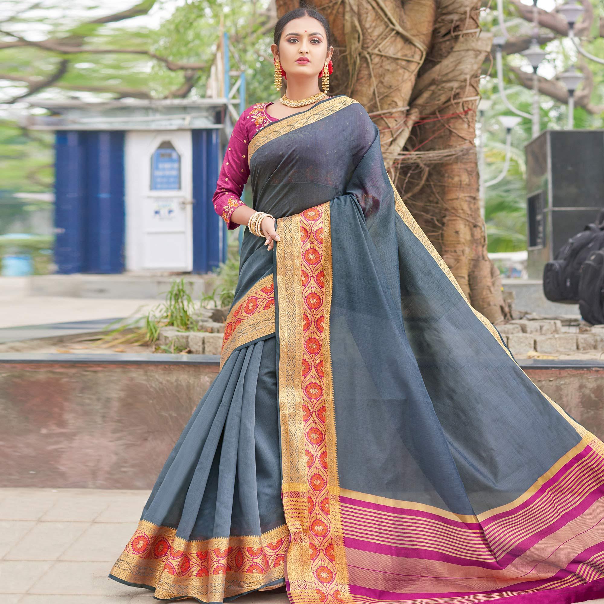 Gleaming Grey Colored Festive Wear Woven Handloom Silk Saree - Peachmode